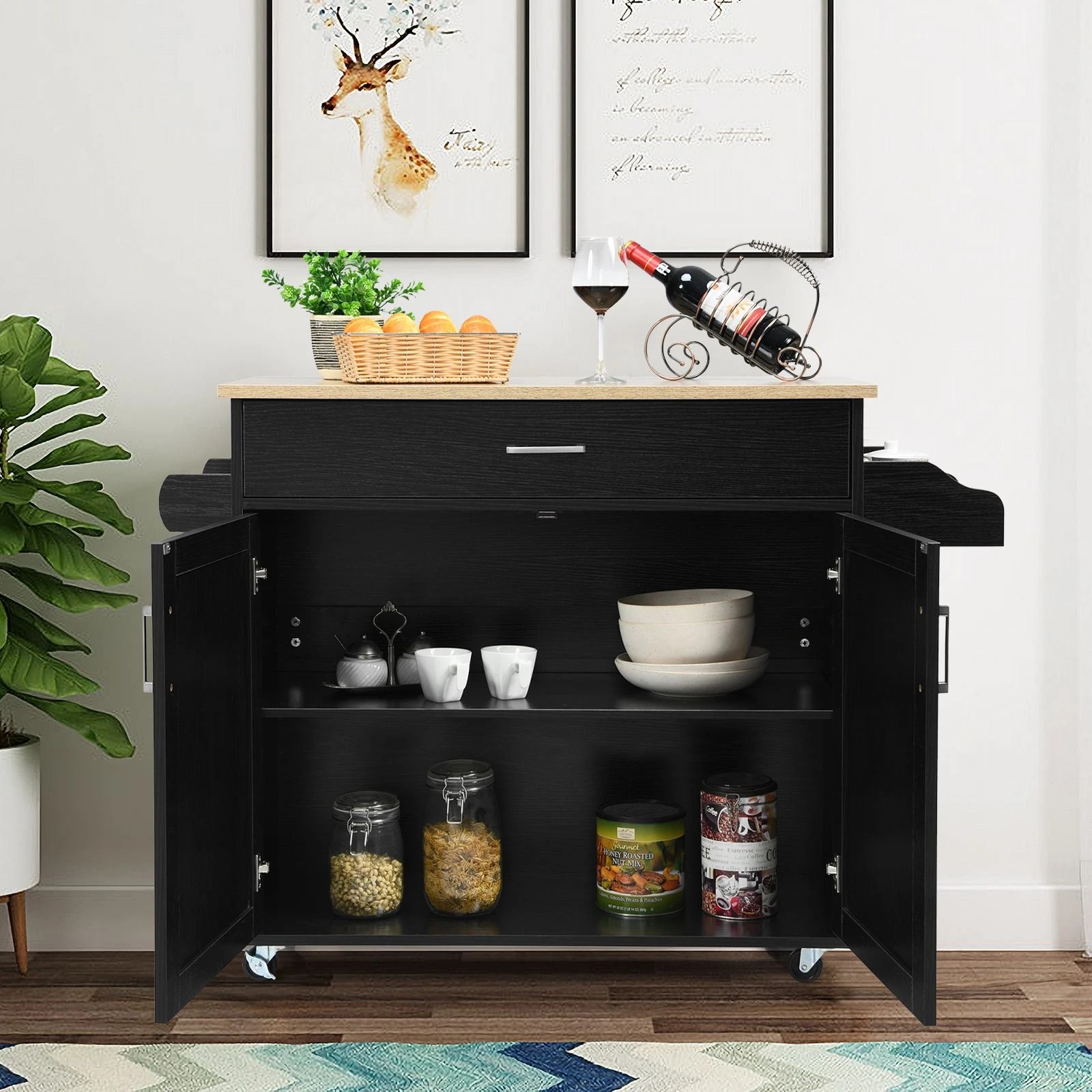 2 Costway Wooden Rolling Kitchen Island Black, 2 of 5