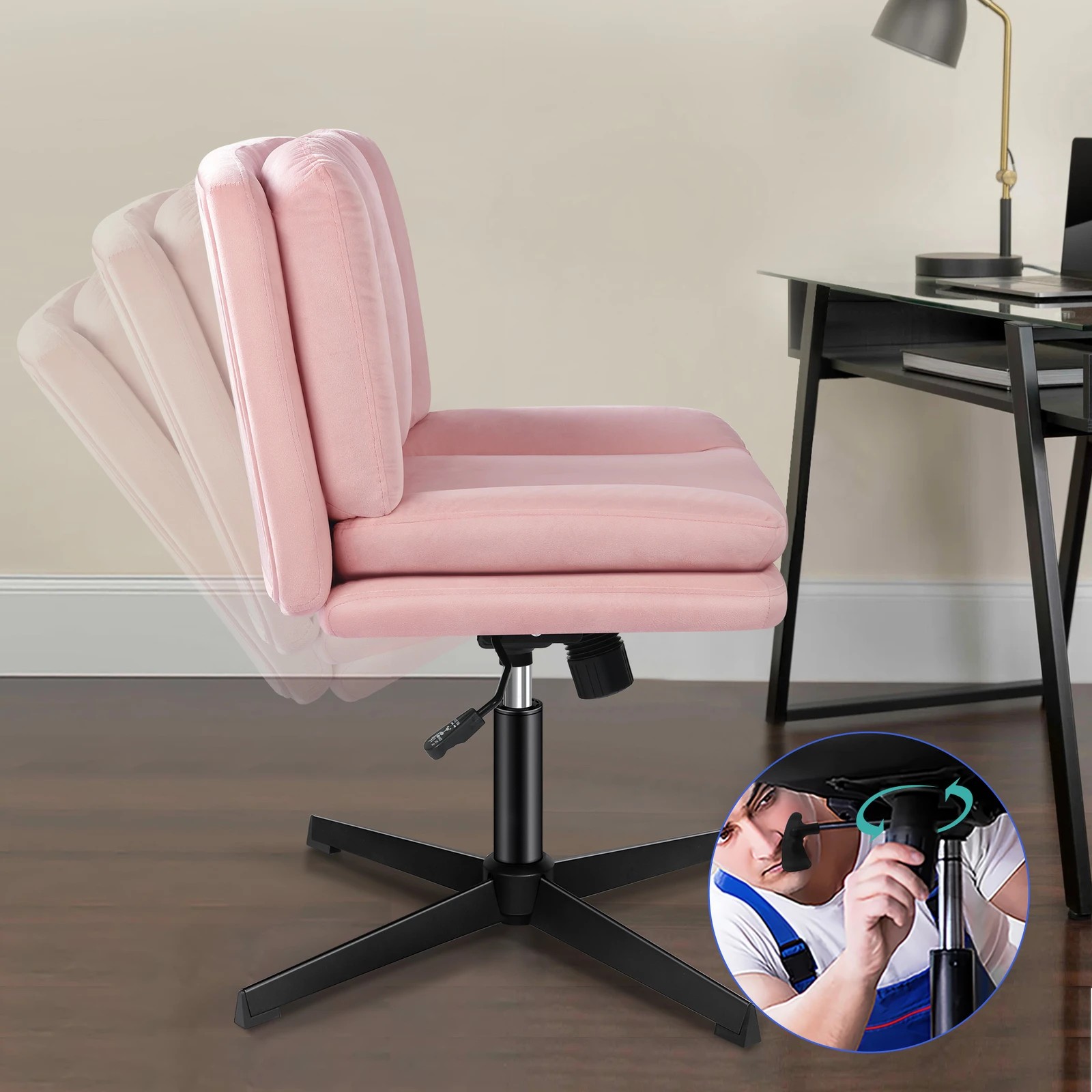 3 Alfordson Armless Office Desk Chair Mid Back Wide Seat Velvet - Pink, 3 of 7