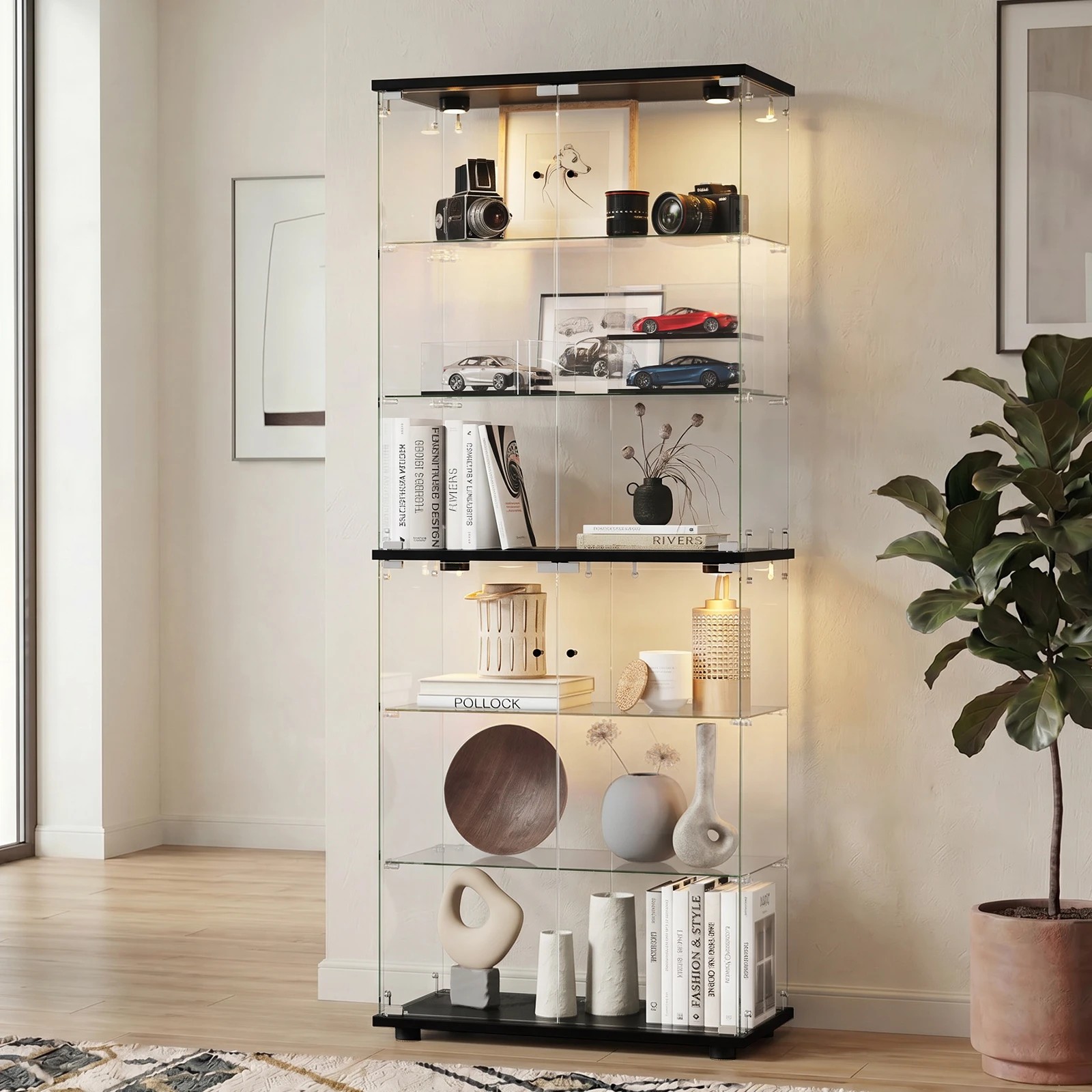 4 Oikiture Glass Display Cabinet 6-Tier LED Light Bookcase With 2 Doors - Black, 4 of 9