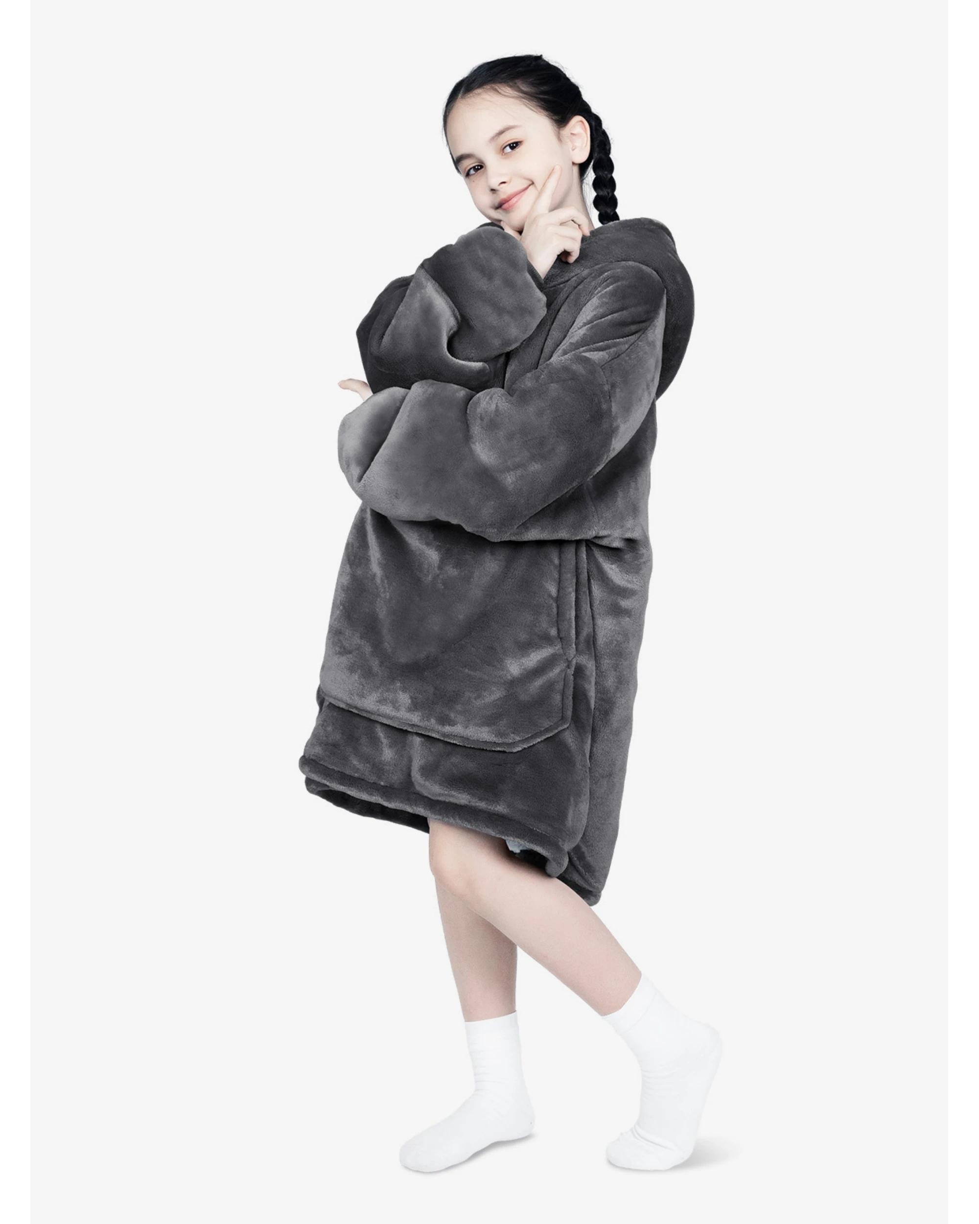 1 Advwin Wearable Blanket Oversized Comfort Hoodie Kids Black Dark Grey, 1 of 5
