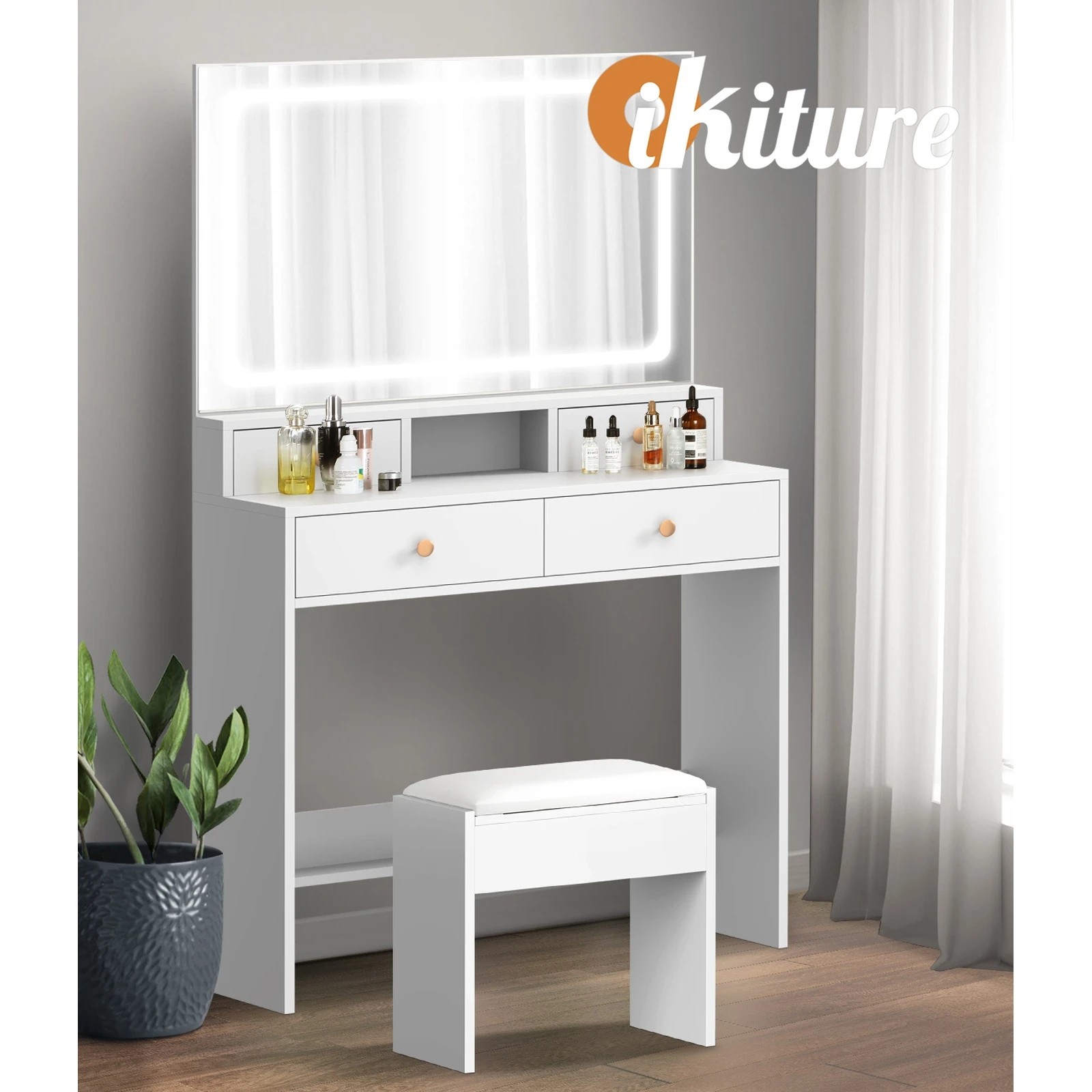 6 Oikiture Dressing Table Stool Set Led Mirror Vanity Desk With Drawers
 - White, 6 of 9
