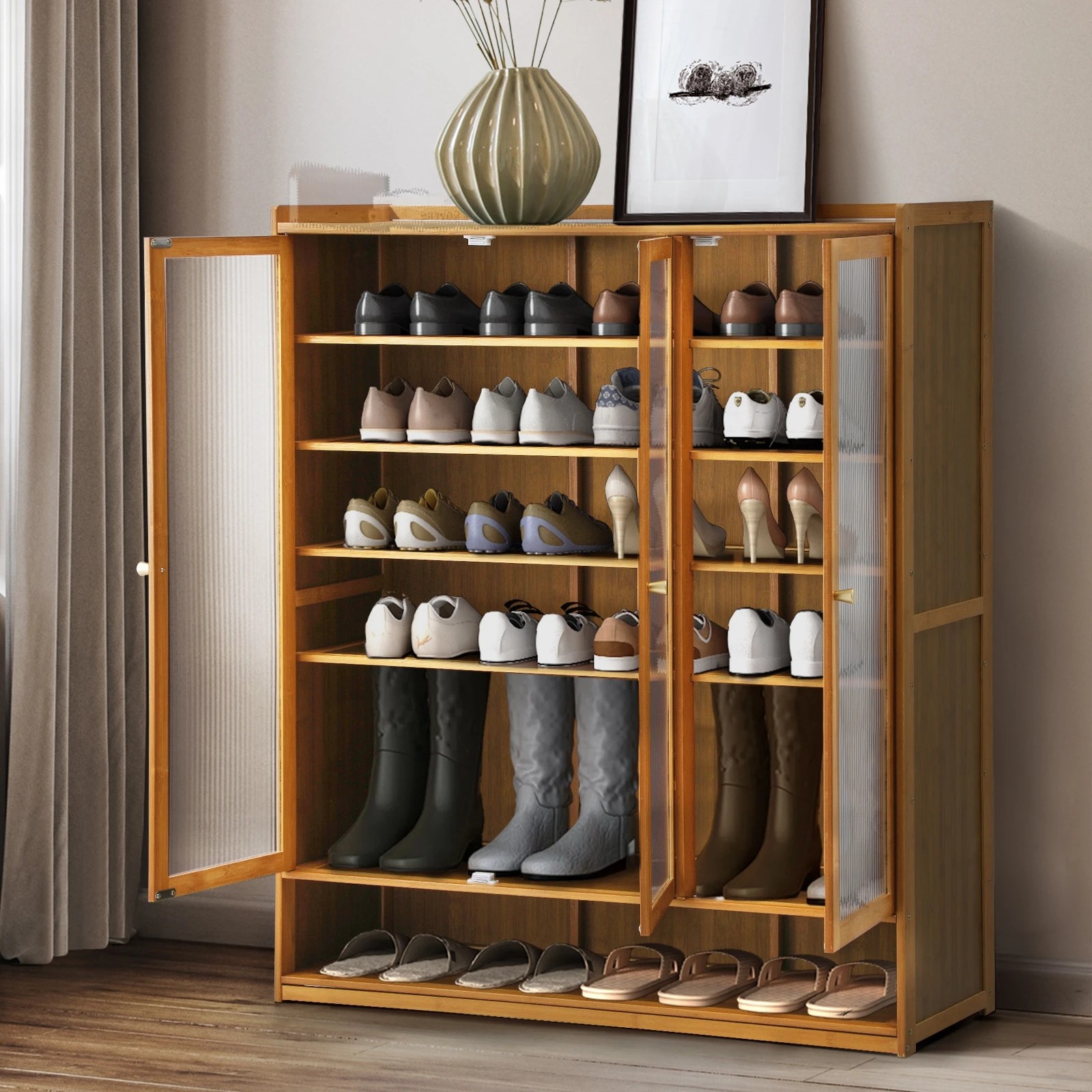 3 Oikiture Shoe Cabinet Shoes Storage Rack Organiser 3 Doors Shelf
 - Brown, 3 of 8