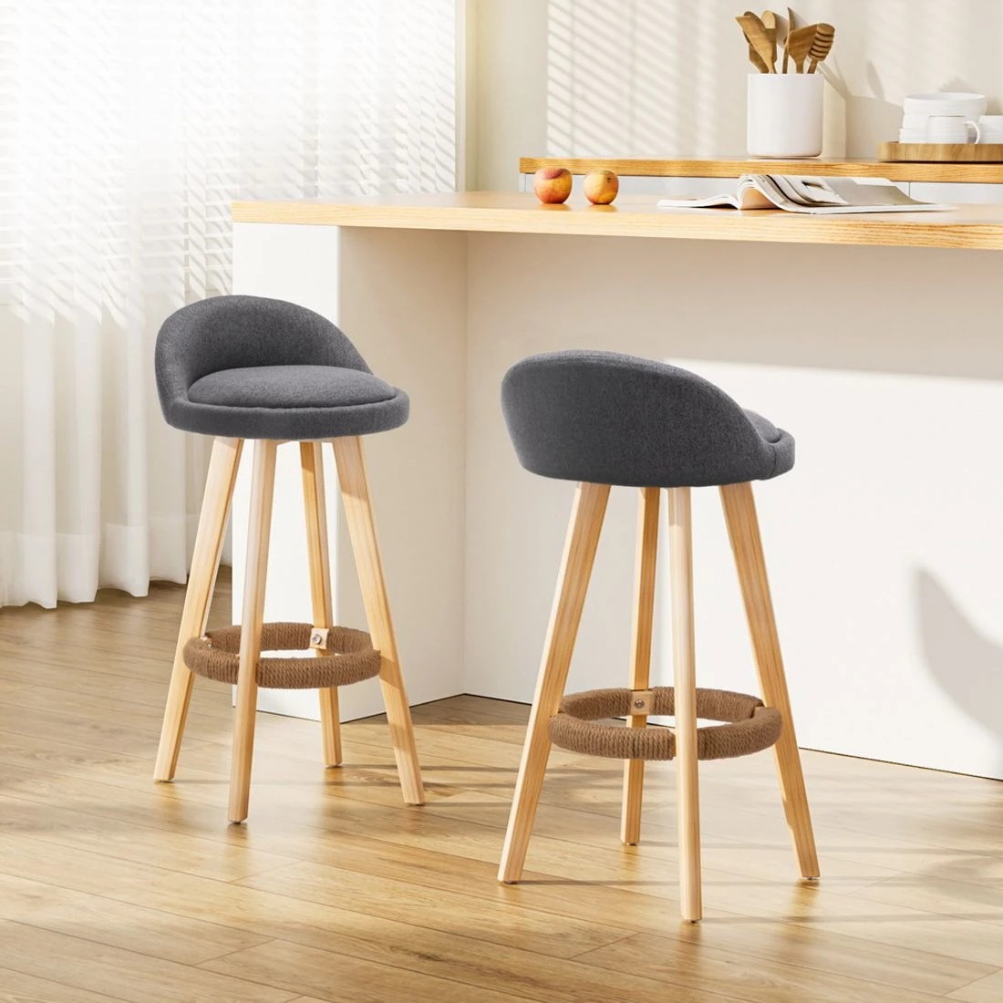 3 Artiss 2x Bar Stools Padded Linen Wooden - Grey, 3 of 7