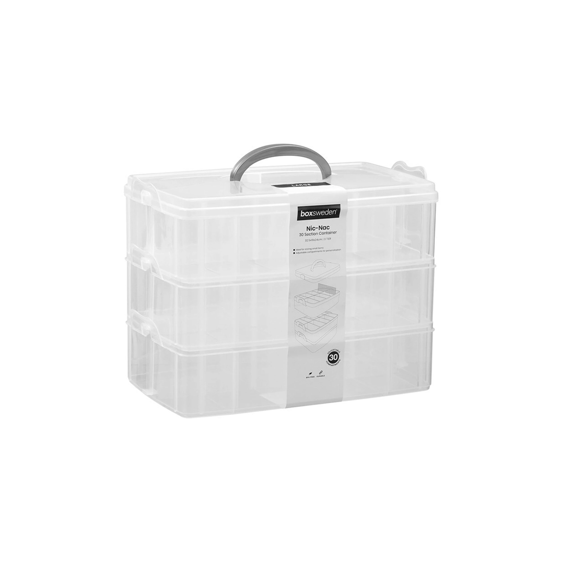 1 BOXSWEDEN Nic-Nac 3-Tier Box 30-Compartment Container 32.5x24cm Plastic
 - plain, 1 of 4