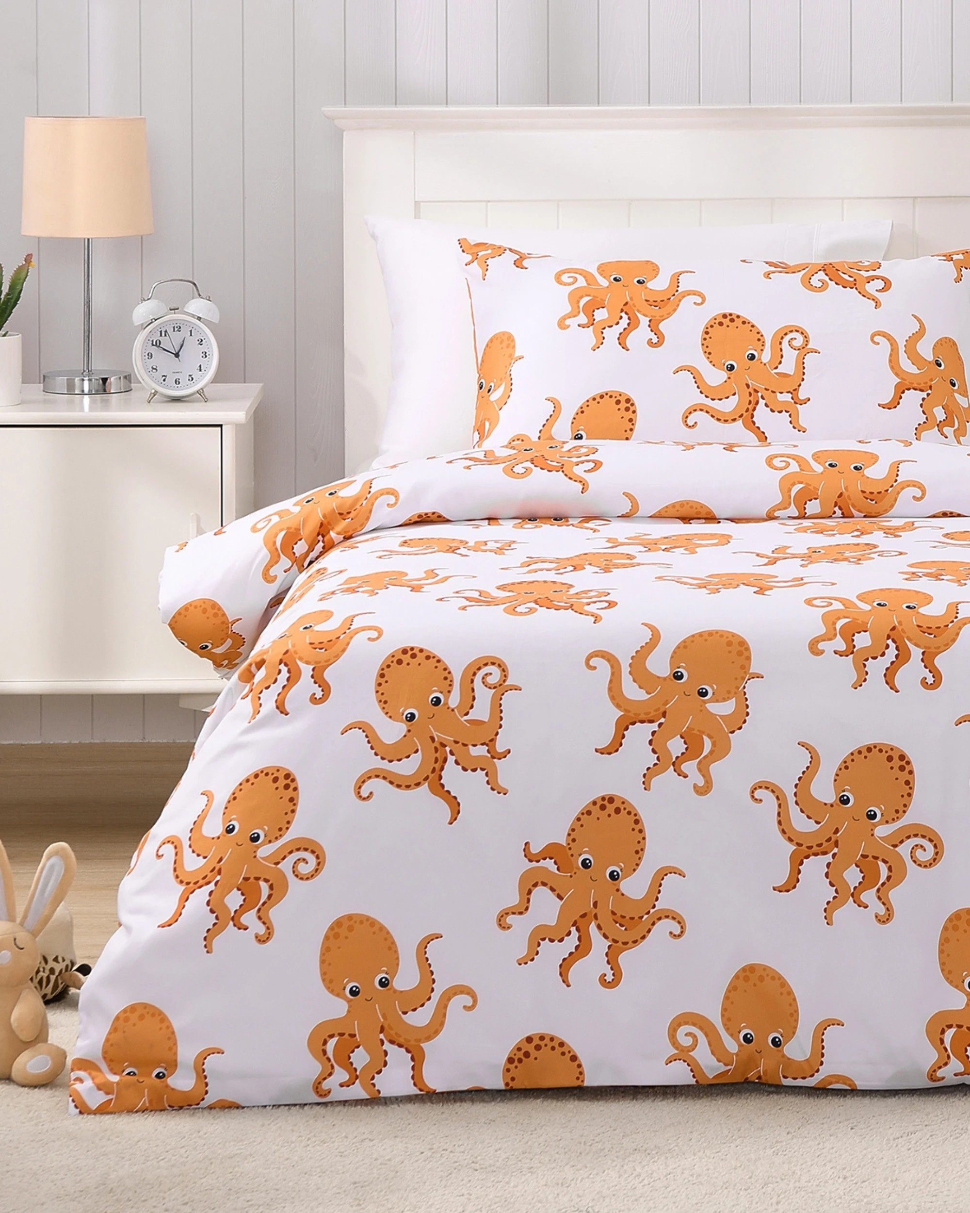 1 Jack & Ava Ollie the Octopus Kids Reversible Quilt Cover Set - Double Bed - Orange, 1 of 10