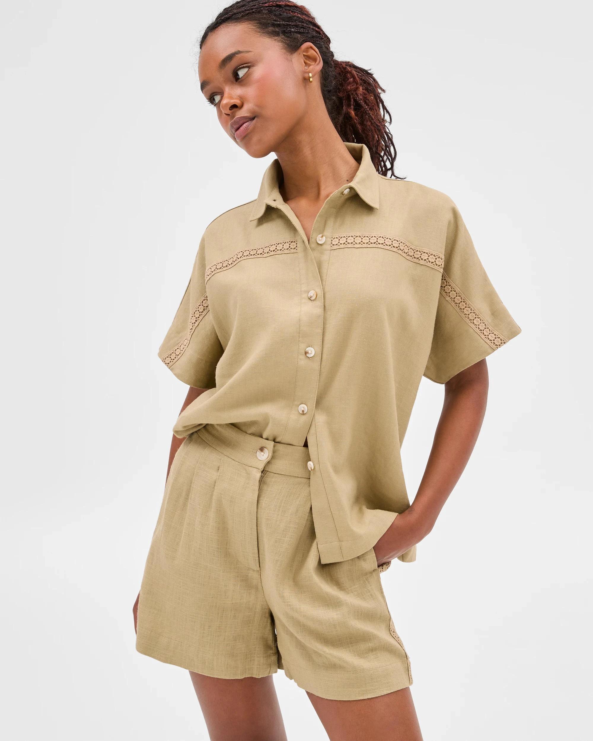 1 Target Petites Linen Blend Crochet Trim Shirt QUINOA, 1 of 6