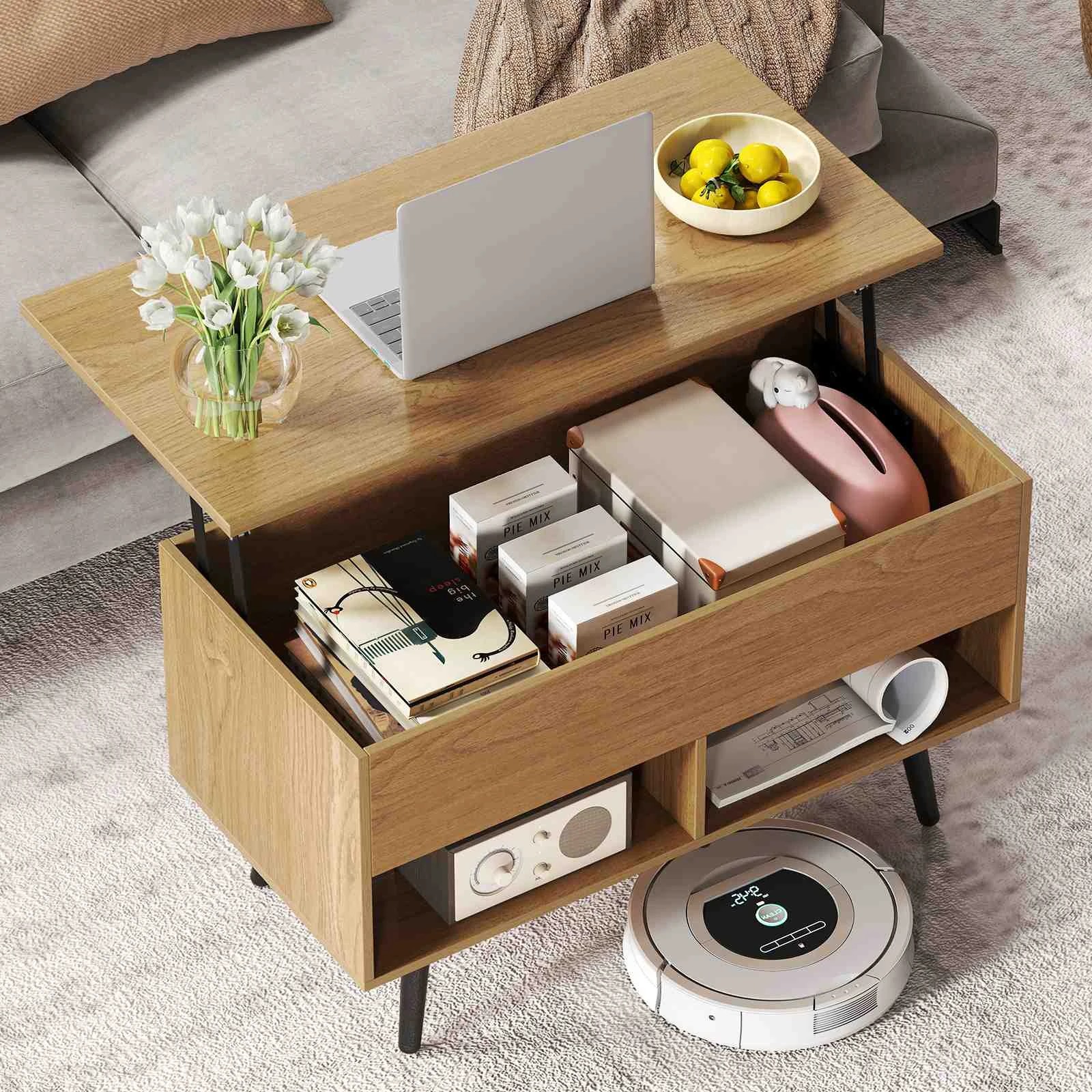 2 Costway 80cm Lift Top Coffee Table Modern Dining Table w/Hidden Storage Compartment - Natural, 2 of 5