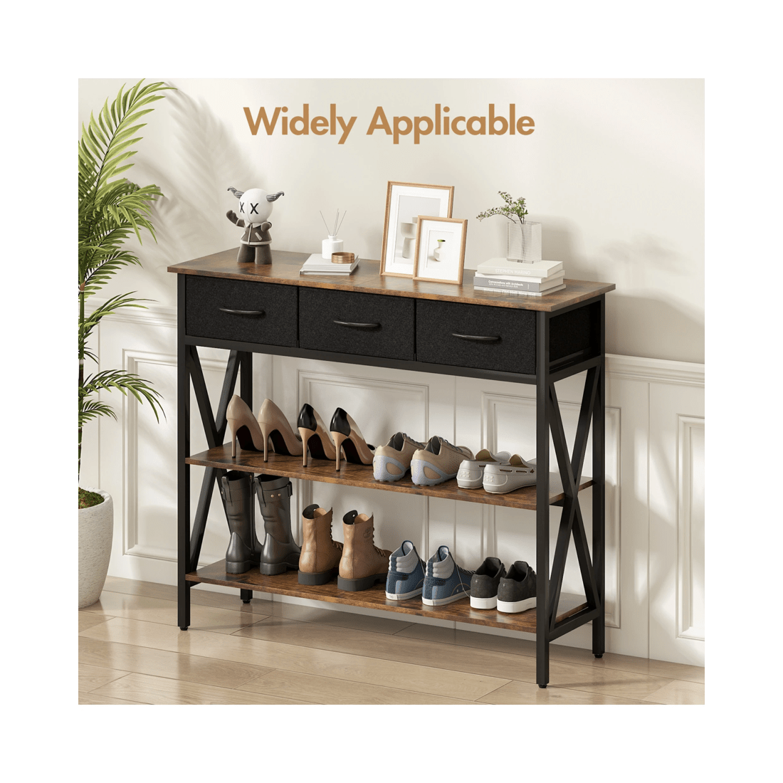 8 Advwin 3-Tier Console Table w/ 3 Drawers Hallway Table Narrow Entryway Display Table Walnut, 8 of 9