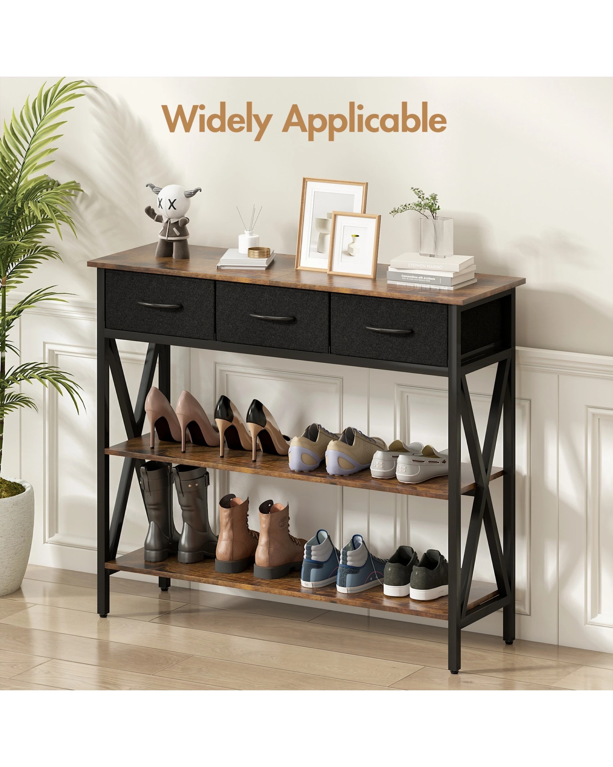 8 Advwin 3-Tier Console Table w/ 3 Drawers Hallway Table Narrow Entryway Display Table Walnut, 8 of 9