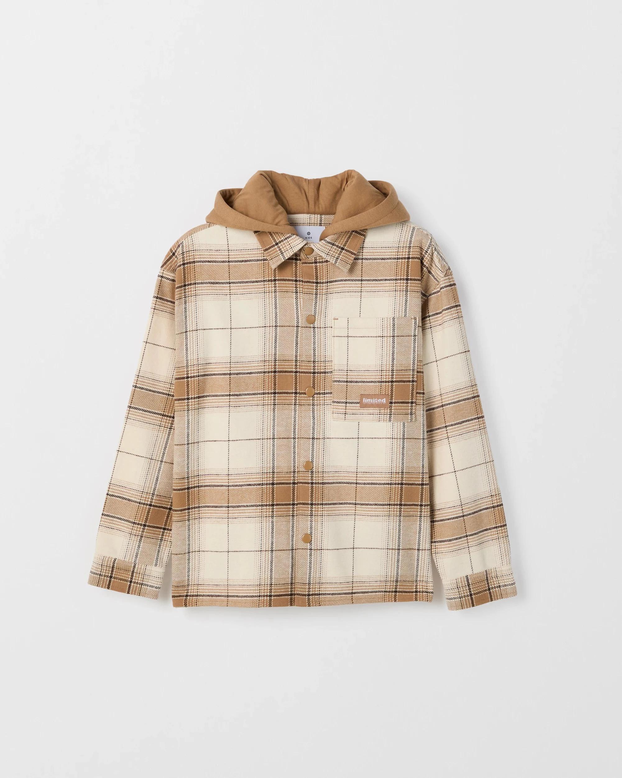1 Target Kids Australian Cotton Heavy Flannelette Hooded Shirt TAN CHECK, 1 of 1