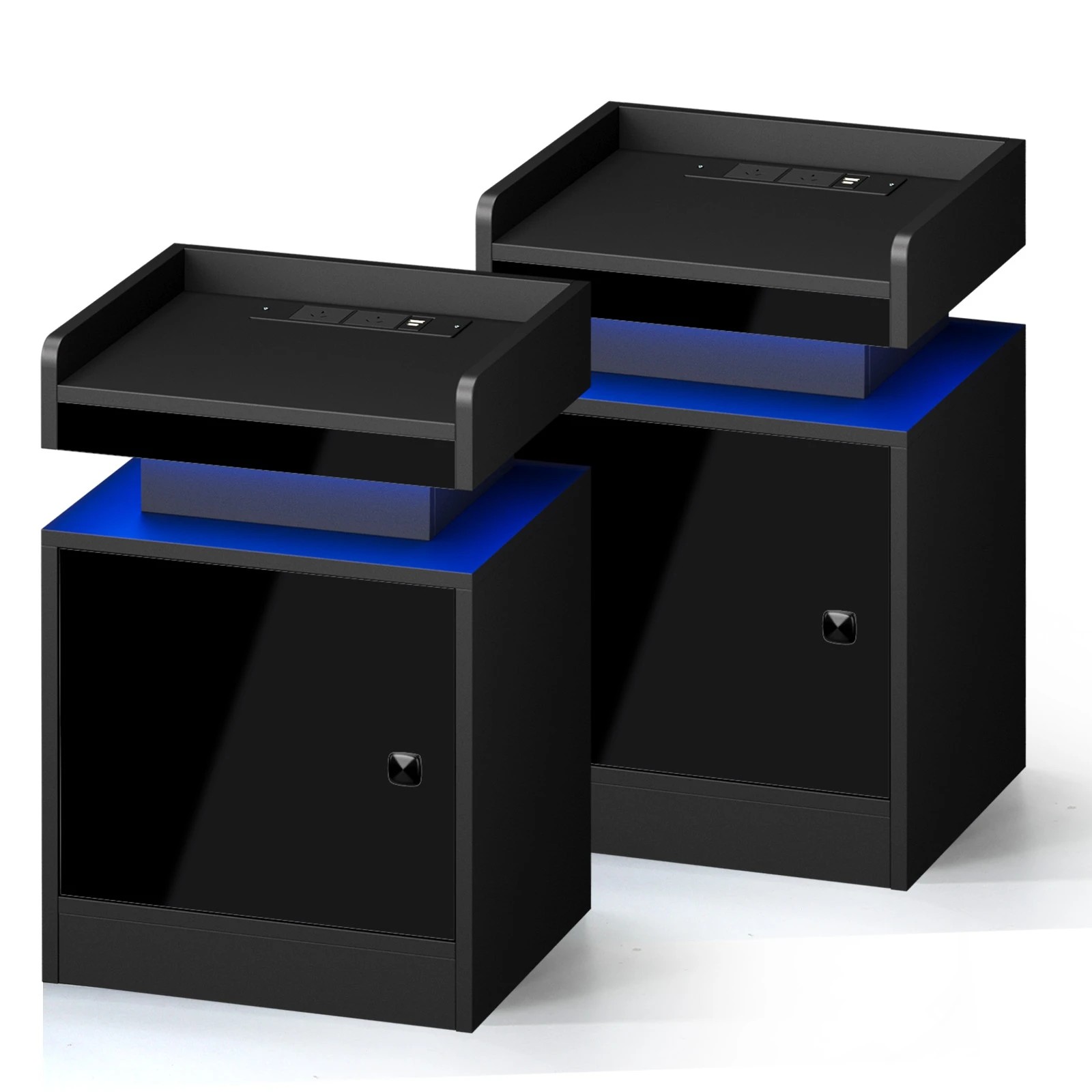 1 Oikiture 2x Bedside Table LED Nightstand USB Charging Station Side Table - Black, 1 of 6