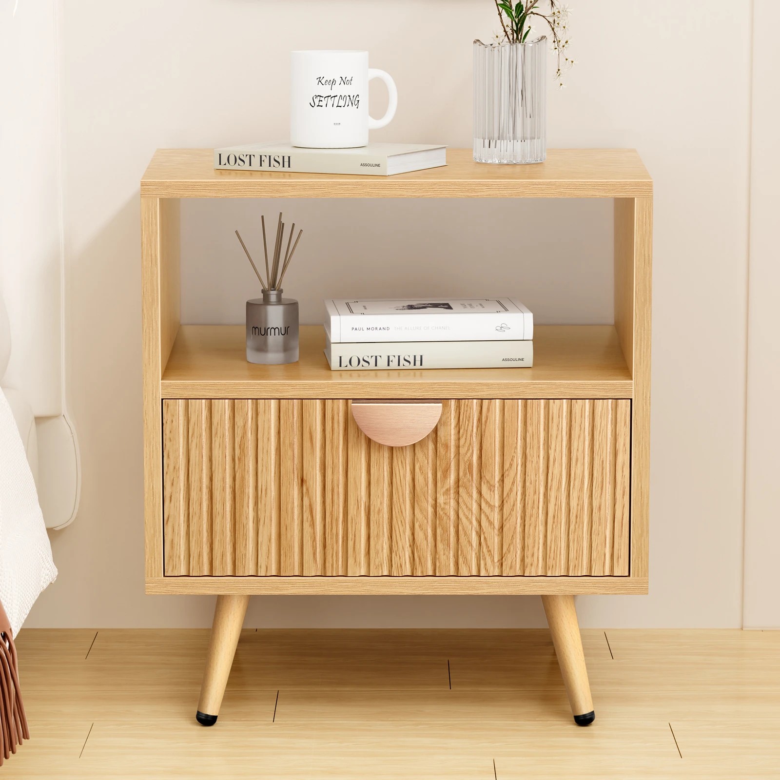 2 Alfordson Bedside Table 1 Drawer Side Storage Shelf Nightstand - Oak, 2 of 10