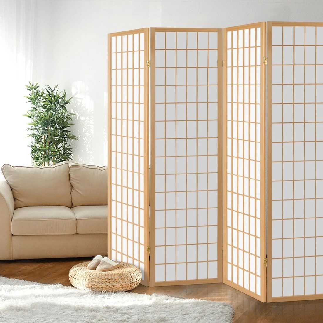 8 Artiss 4 Panel Room Divider Screen 174x179cm Solid Pine Wood Folding Privacy Lightweight Oriental Style - brown, 8 of 8