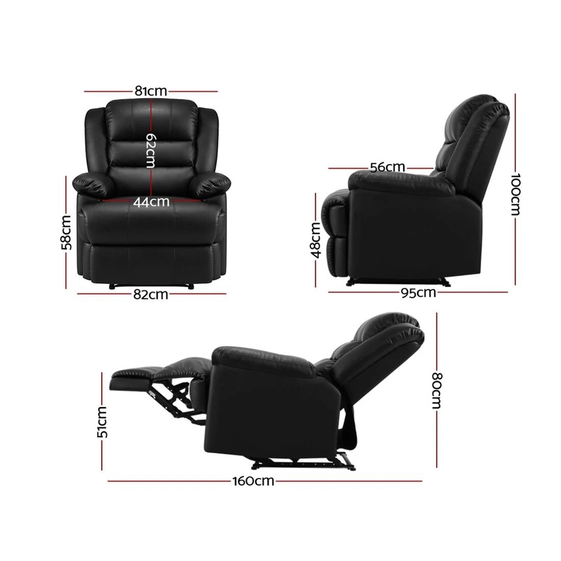 3 Artiss Recliner Chair Leather  Cissy - Black, 3 of 4