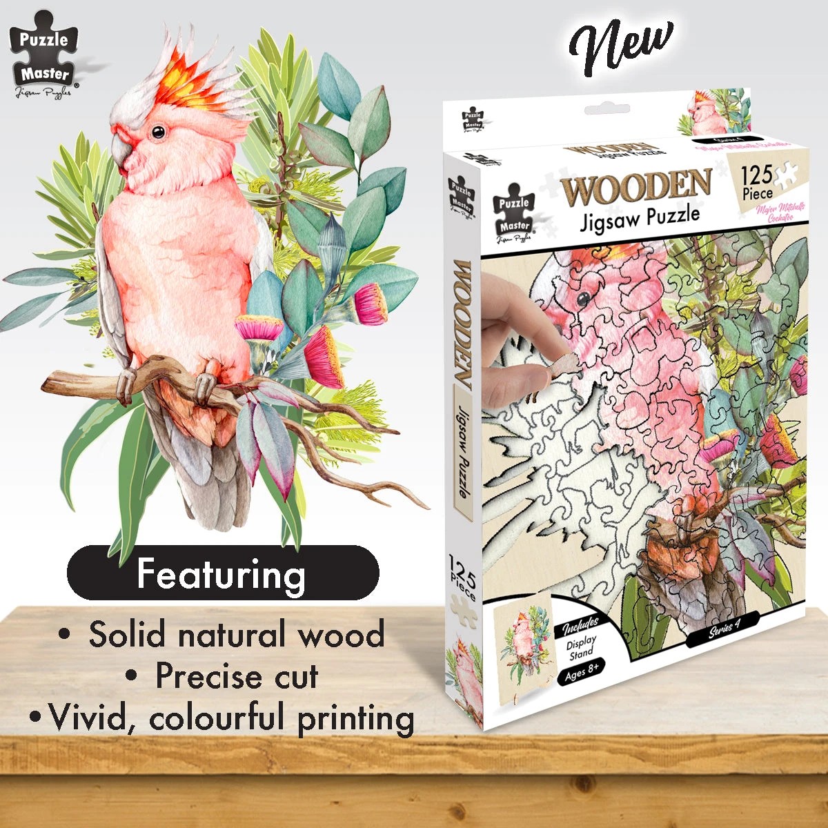 1 Puzzle Master Shaped Wooden Jigsaw Puzzle, Major Mitchell Cockatoo, 1 of 8
