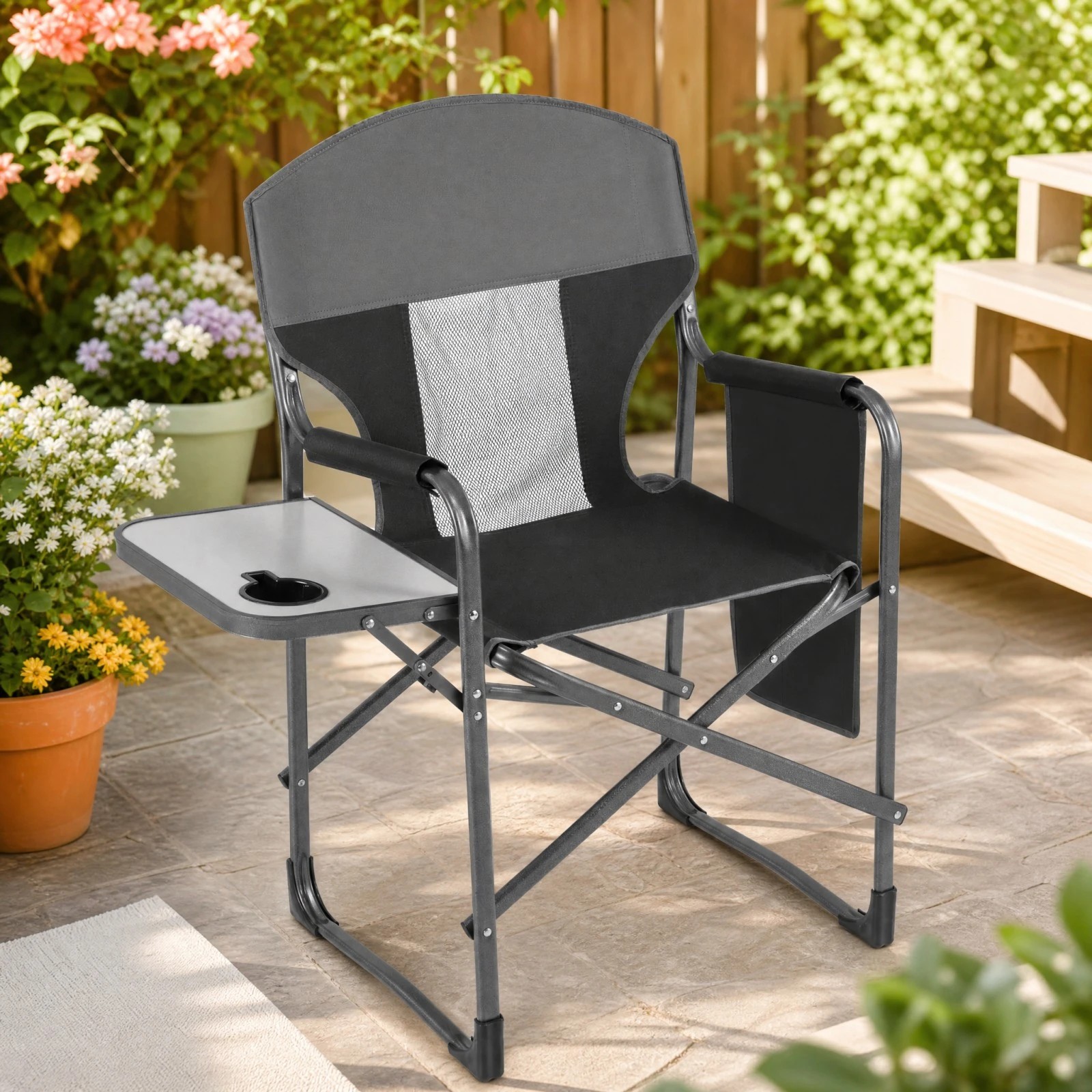 1 Costway Folding Camping Chair Oversize Padded Portable Directors Chair w/Side Table - Black, 1 of 6