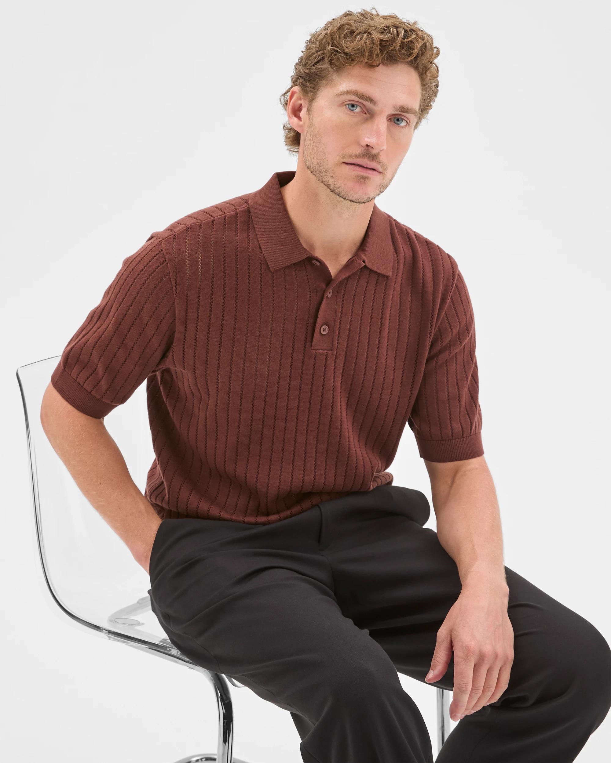 6 Preview Australian Cotton Pointelle Polo Top BROWN STONE, 6 of 6