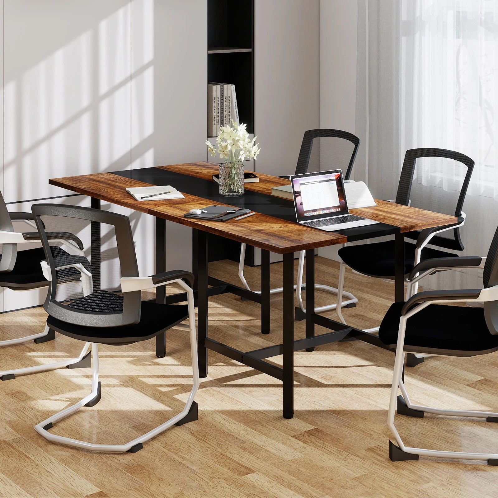 5 Costway 100cm Square Conference Table Meeting Room Seminar Table - Brown, 5 of 7