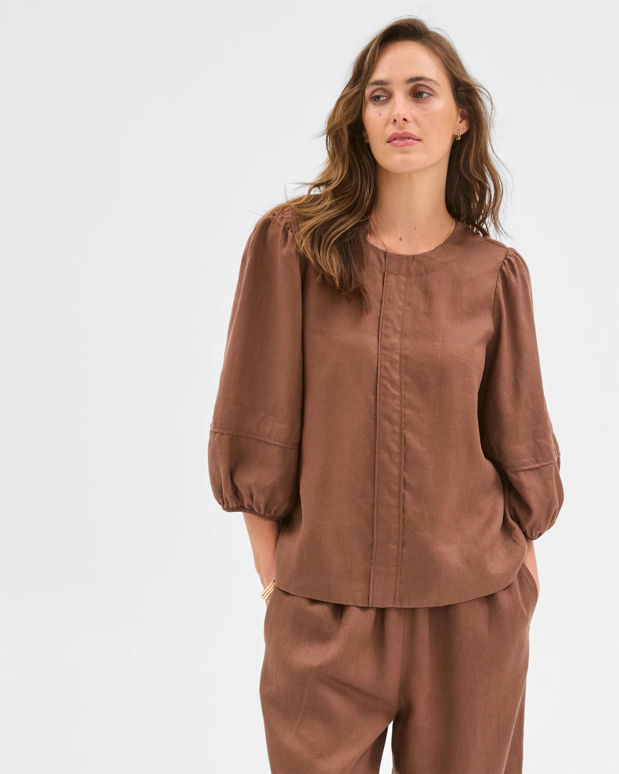 1 Target Woman European Linen Femme Popover Blouse WARM BROWN, 1 of 6