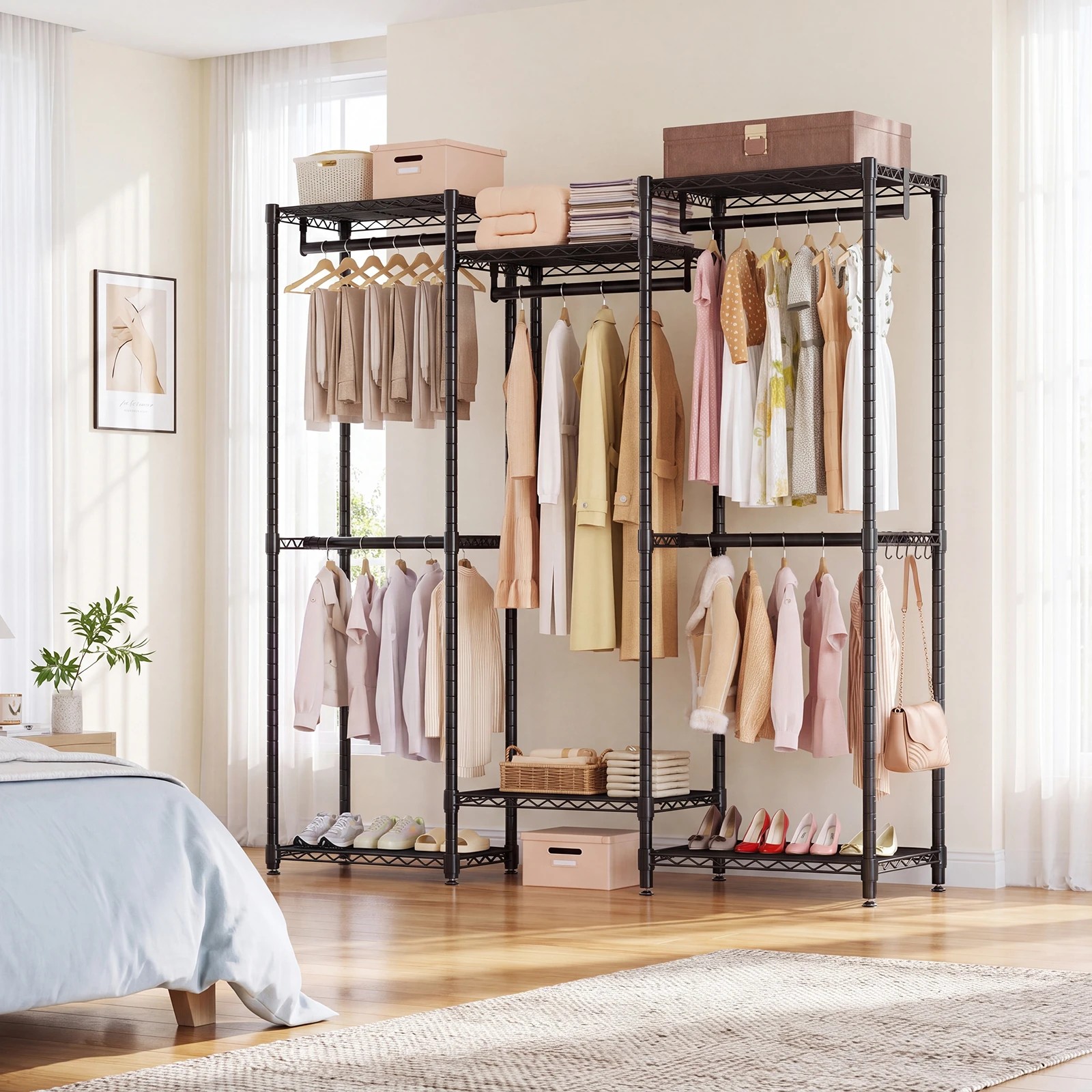 8 Advwin Portable Closet Wardrobe Adjust Closet Racks w/5 Hang Rods & 6 Shelves - Black, 8 of 8