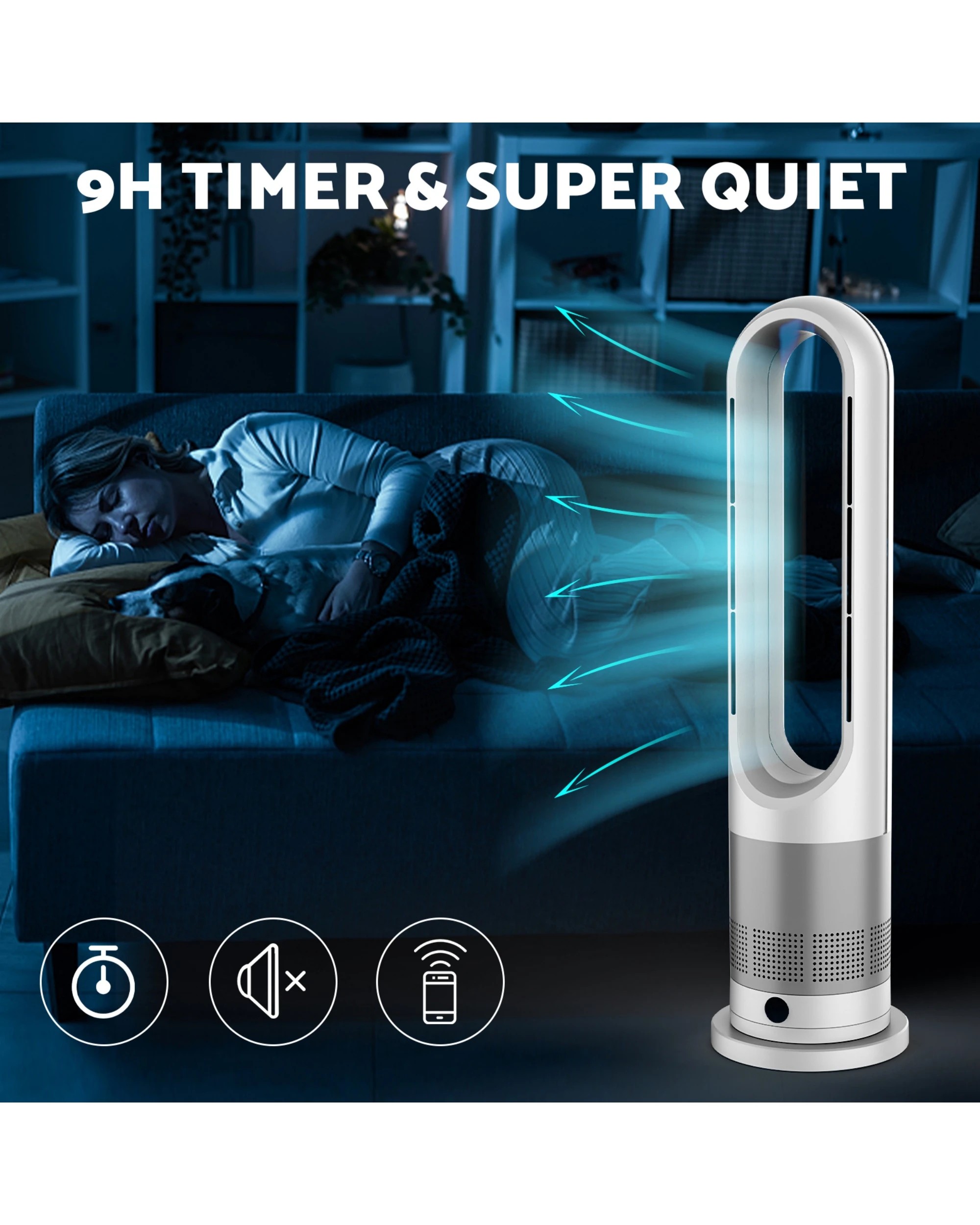 5 Advwin Bladeless Tower Fan, 2 In 1 Electric Fan Heater With 8 Speeds, For Room Bedroom Office Use, 5 of 8