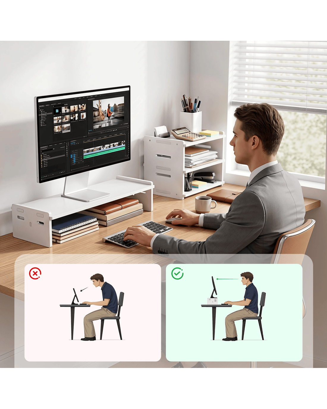 Artiss 2-in-1 Monitor Stand and 3-Tier Desk Organiser, PC Screen Riser ...