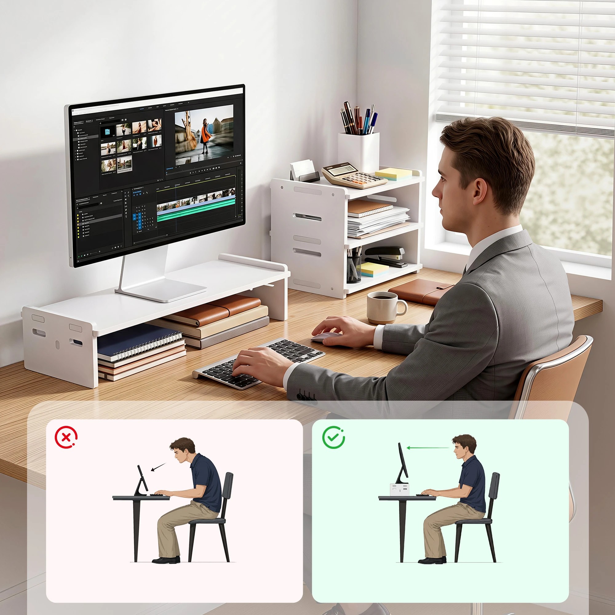 Artiss 2-in-1 Monitor Stand and 3-Tier Desk Organiser, PC Screen Riser ...