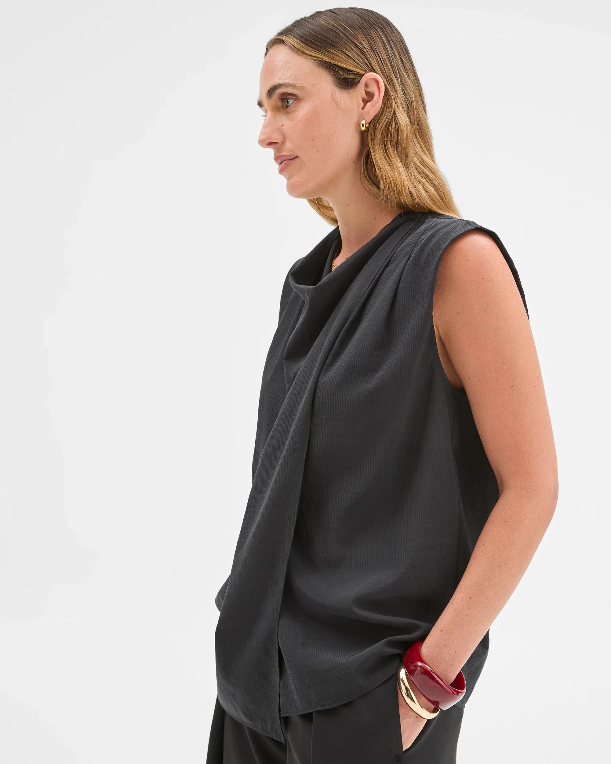 4 Target Woman Sleeveless Scarf Draped Front Blouse BLACK, 4 of 6