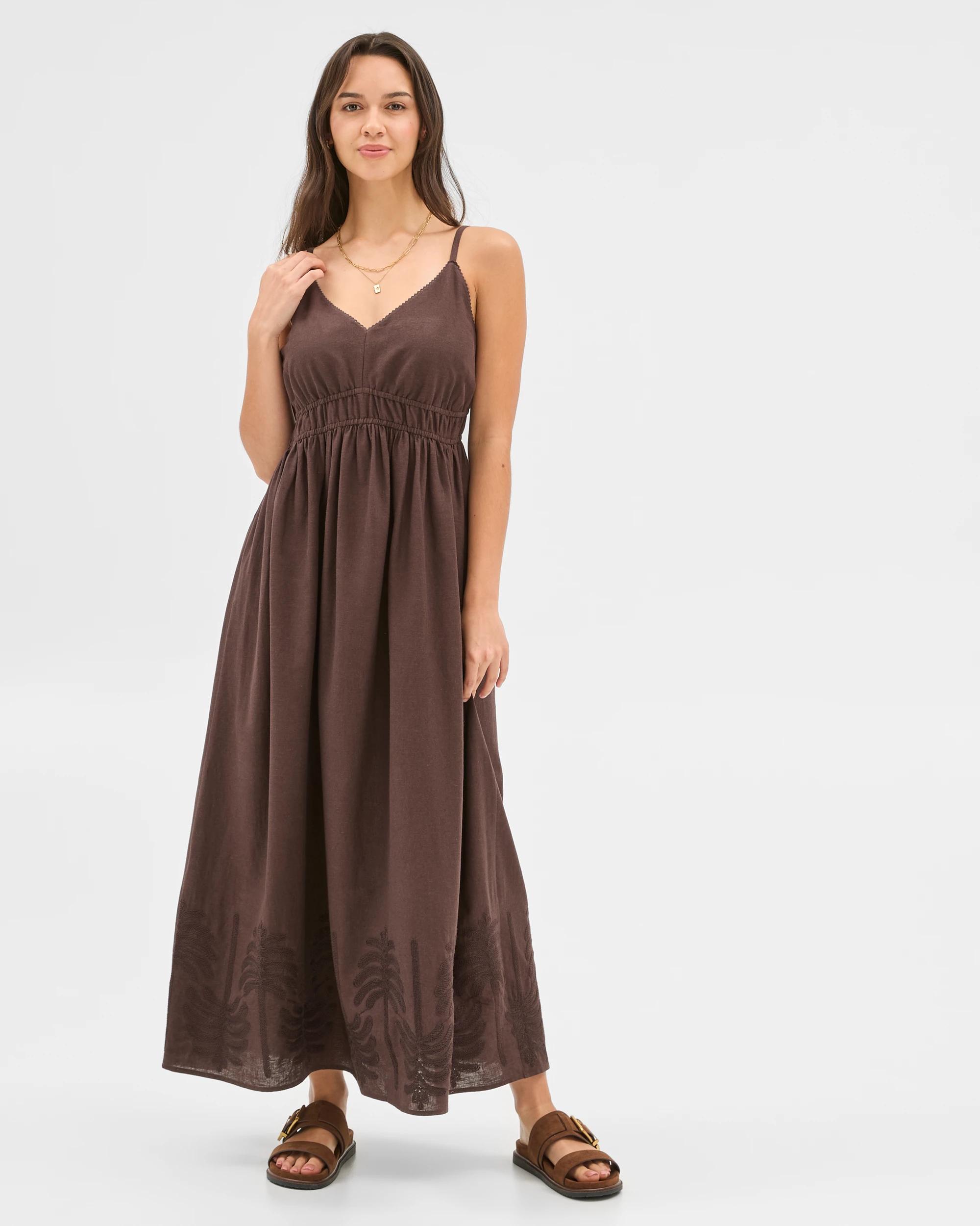 1 Target Resort Linen Blend Embroidered Maxi Dress CHOCOLATE, 1 of 9