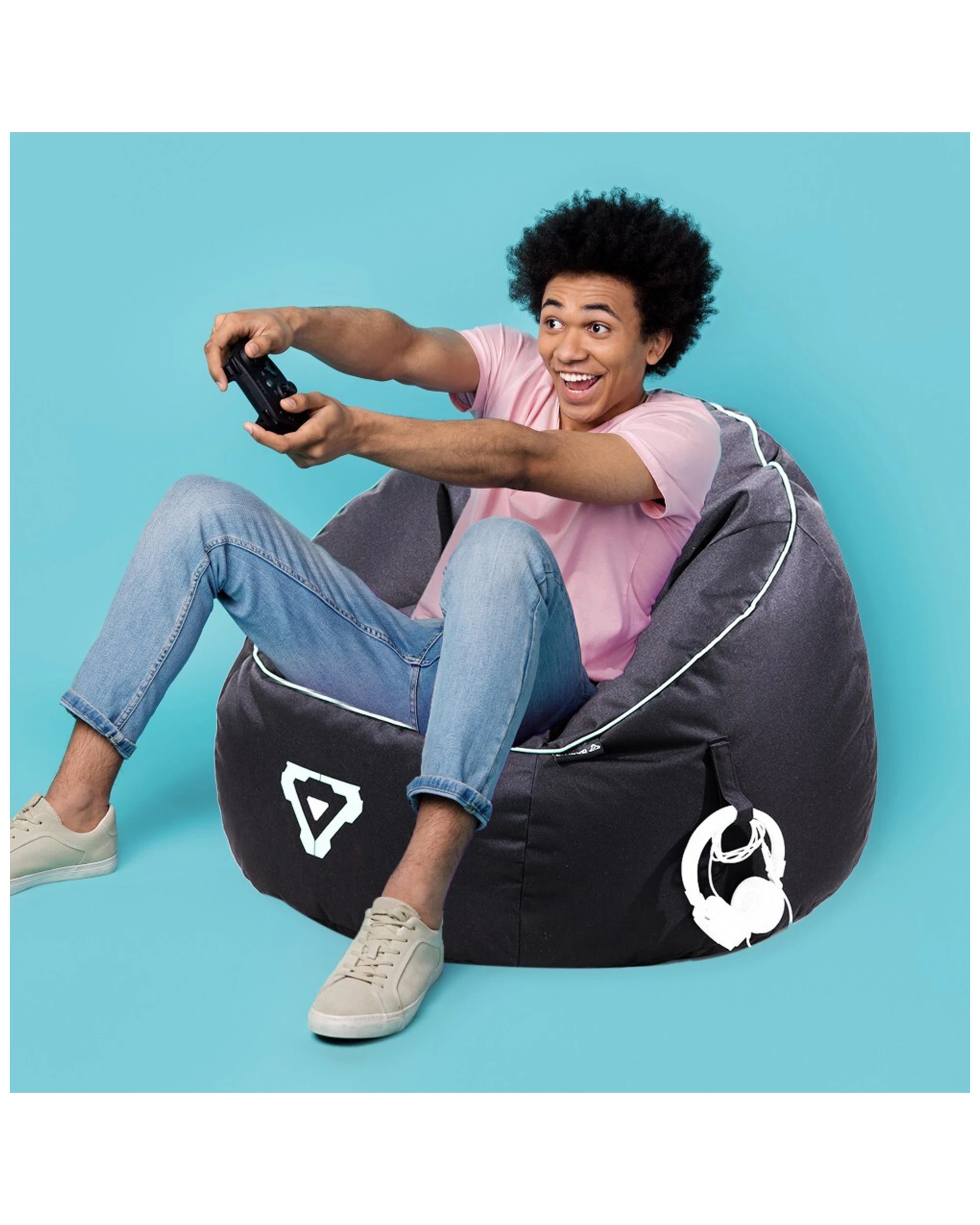 4 Laser Gaming Fabric Bean Bag Sofa/chair W/ Headphone Strap & Side Pocket Black
 - Black, 4 of 8