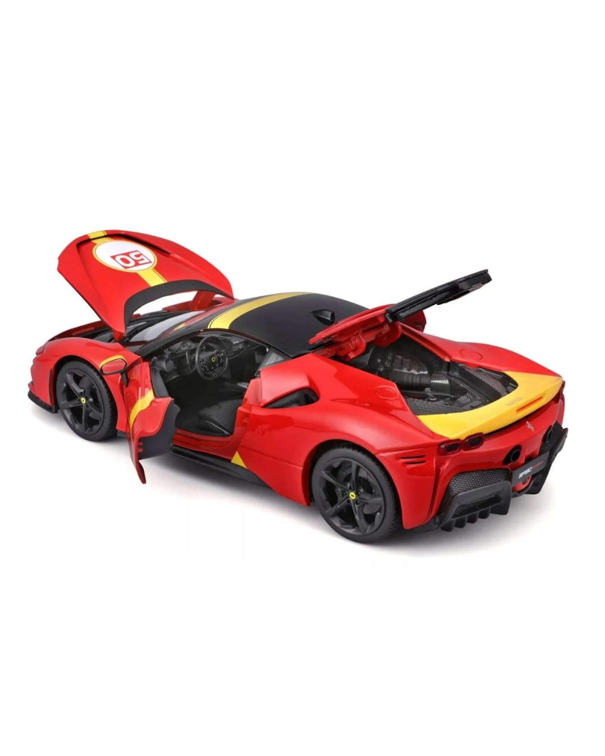 9 Bburago Race and Play 2024 Ferrari SF90 Stradale Assetto Fiorano #50 Red and Yellow 1:18 Scale Diecast Vehicle, 9 of 10