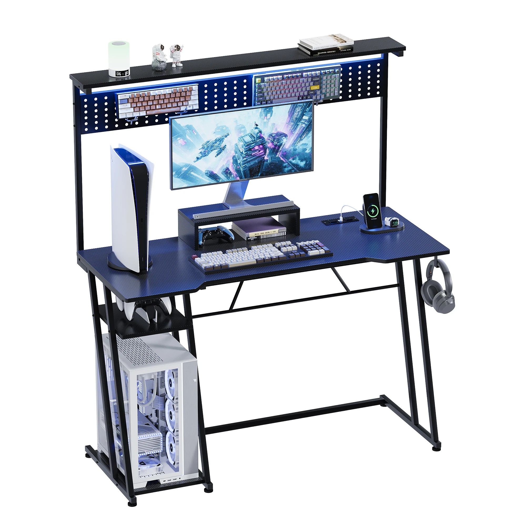 1 Advwin 120cm LED Gaming Desk w/  Power Outlets Reversible Carbon Fiber w/ Shelf hook & Pegboard - Black, 1 of 8