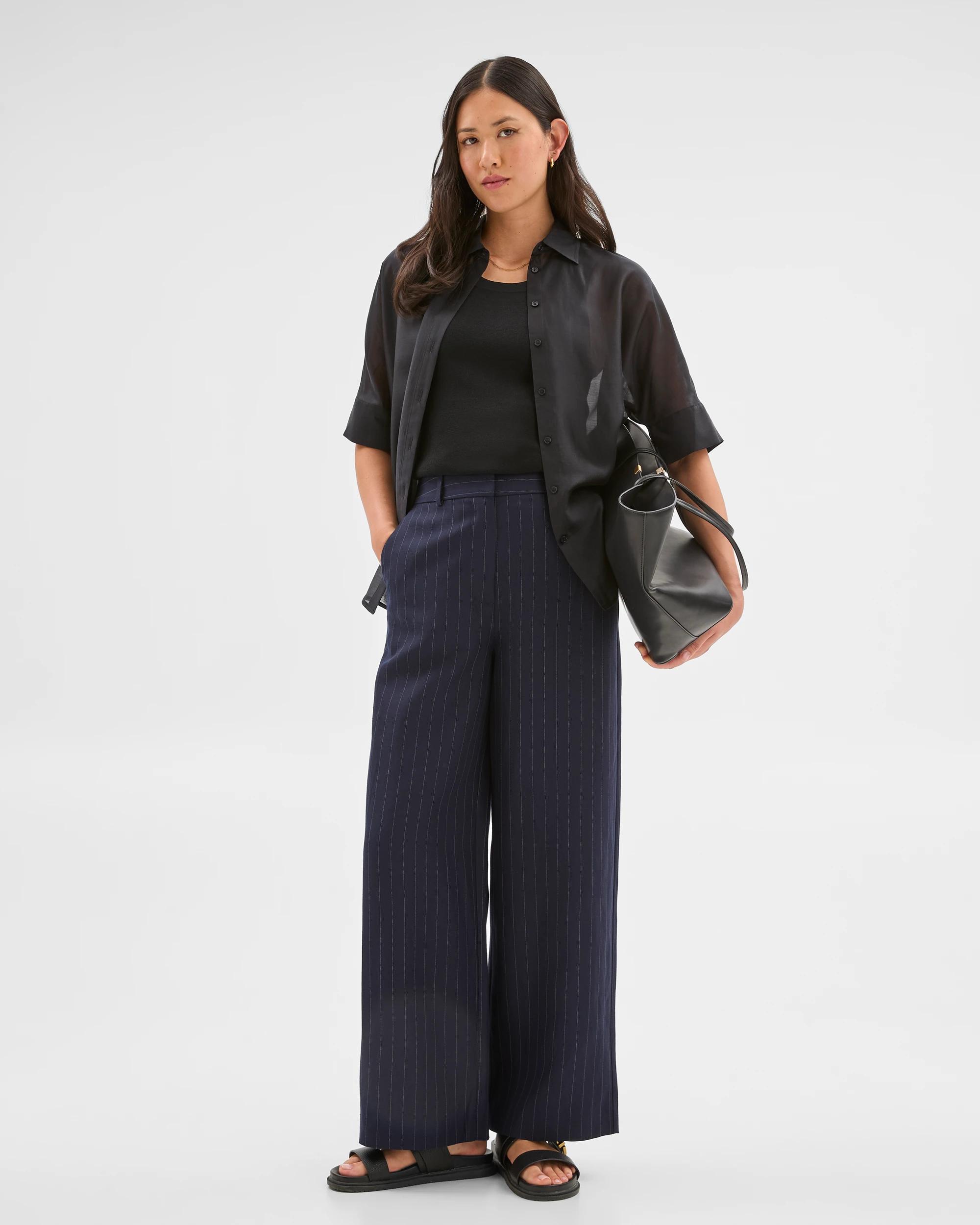 2 Linen Blend Wide Leg Pants - Preview NAVY PINSTRIPE, 2 of 7