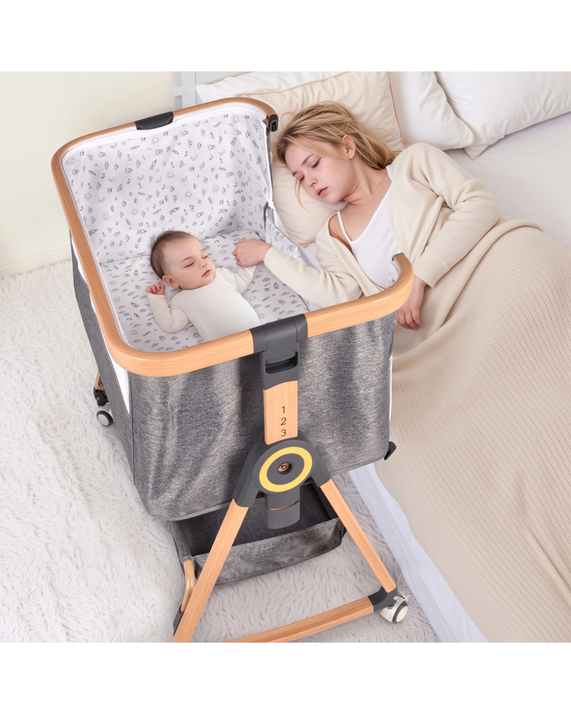 3 Advwin 3 in 1 Baby Bassinets  Bedside Crib with Mattress Grey & Wood Grain, 3 of 9