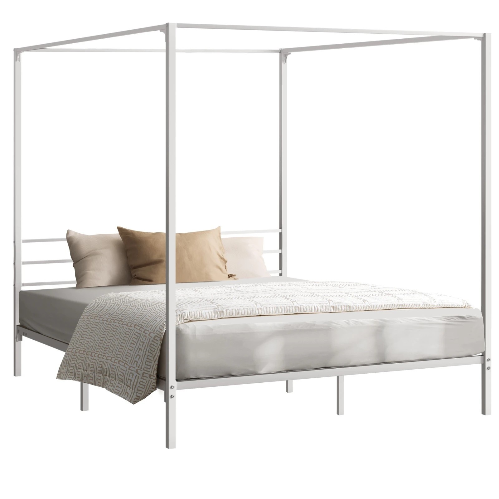 1 Oikiture Metal Canopy Bed Frame Queen Size Beds Platform
 - White, 1 of 8