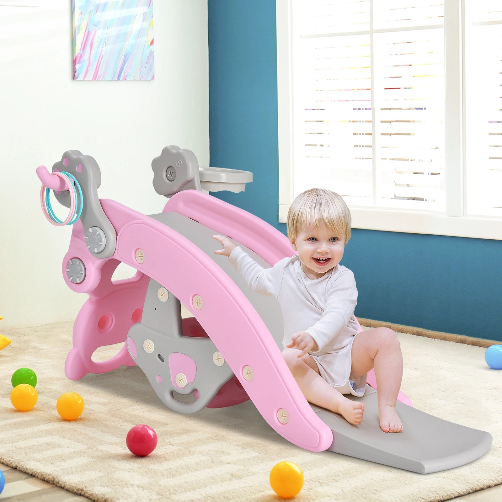 2 Costway 4-in-1 Rocking Horse Play Slide Set Basketball Hoop Ring - Pink, 2 of 2