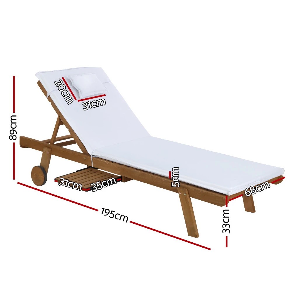 2 Gardeon 2x Sun Lounge Wooden Lounger Outdoor Furniture Day Bed Wheel Patio - White, 2 of 4
