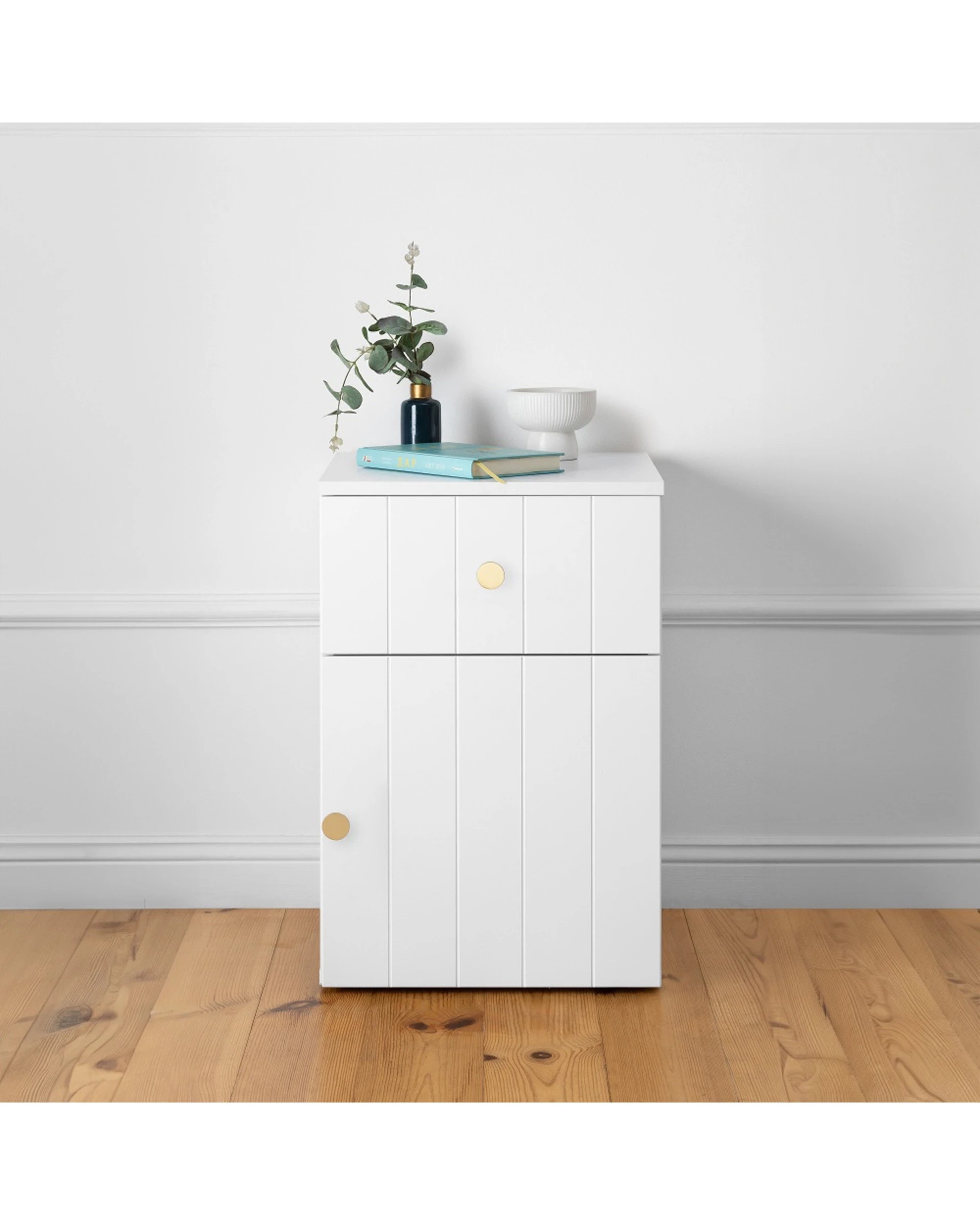 3 European Cabinetry Porto VJ Panel Front Bedside Table Brass Round Handle - White, 3 of 4