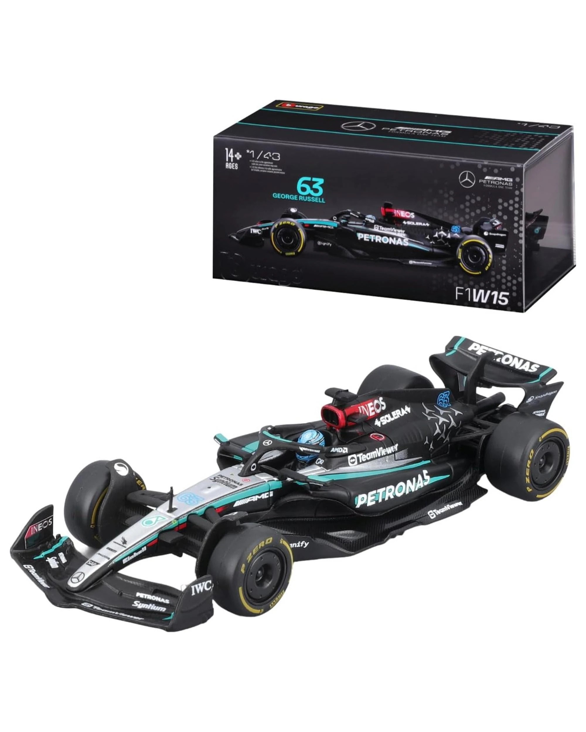 1 Bburago Formula Racing 2024 F-1 Mercedes AMG W15 #63 George Russell with Helmet 1:43 Scale Diecast Vehicle, 1 of 8