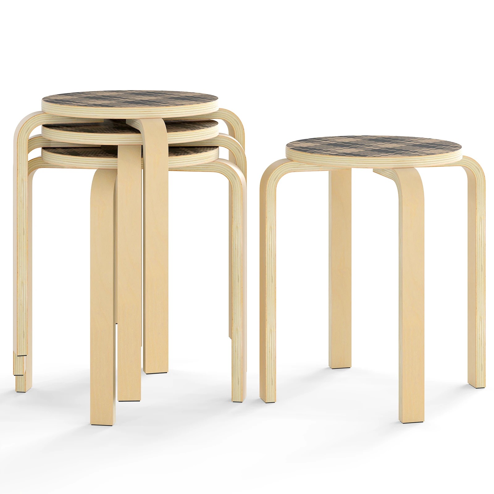 1 Costway 4PCS Stacking Stool Round Dining Chair Backless Rest Stools Birch Wood, 1 of 3
