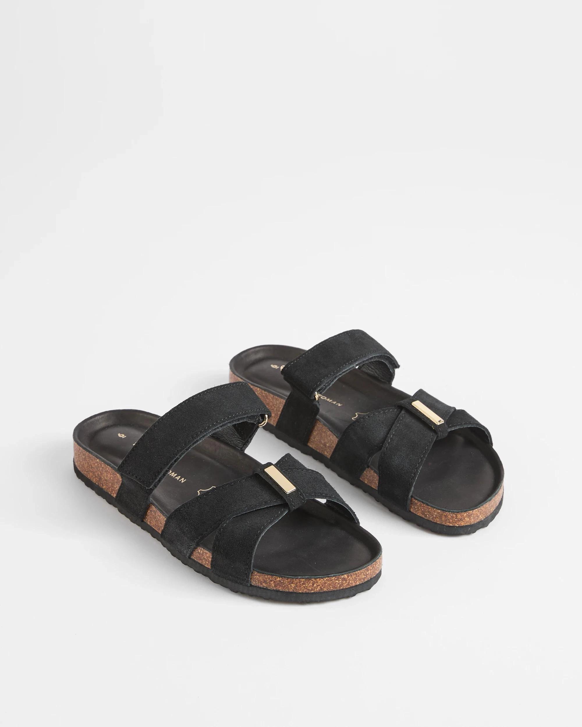 2 Target Womens Cross Strap Leather Moulded Cork Sandal BLACK, 2 of 3