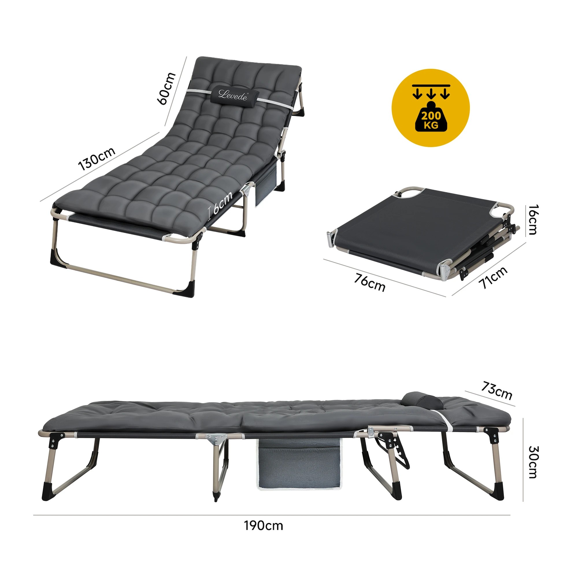 3 Levede Folding Bed 4 Positions Adjustable Portable Lounge - Grey, 3 of 9