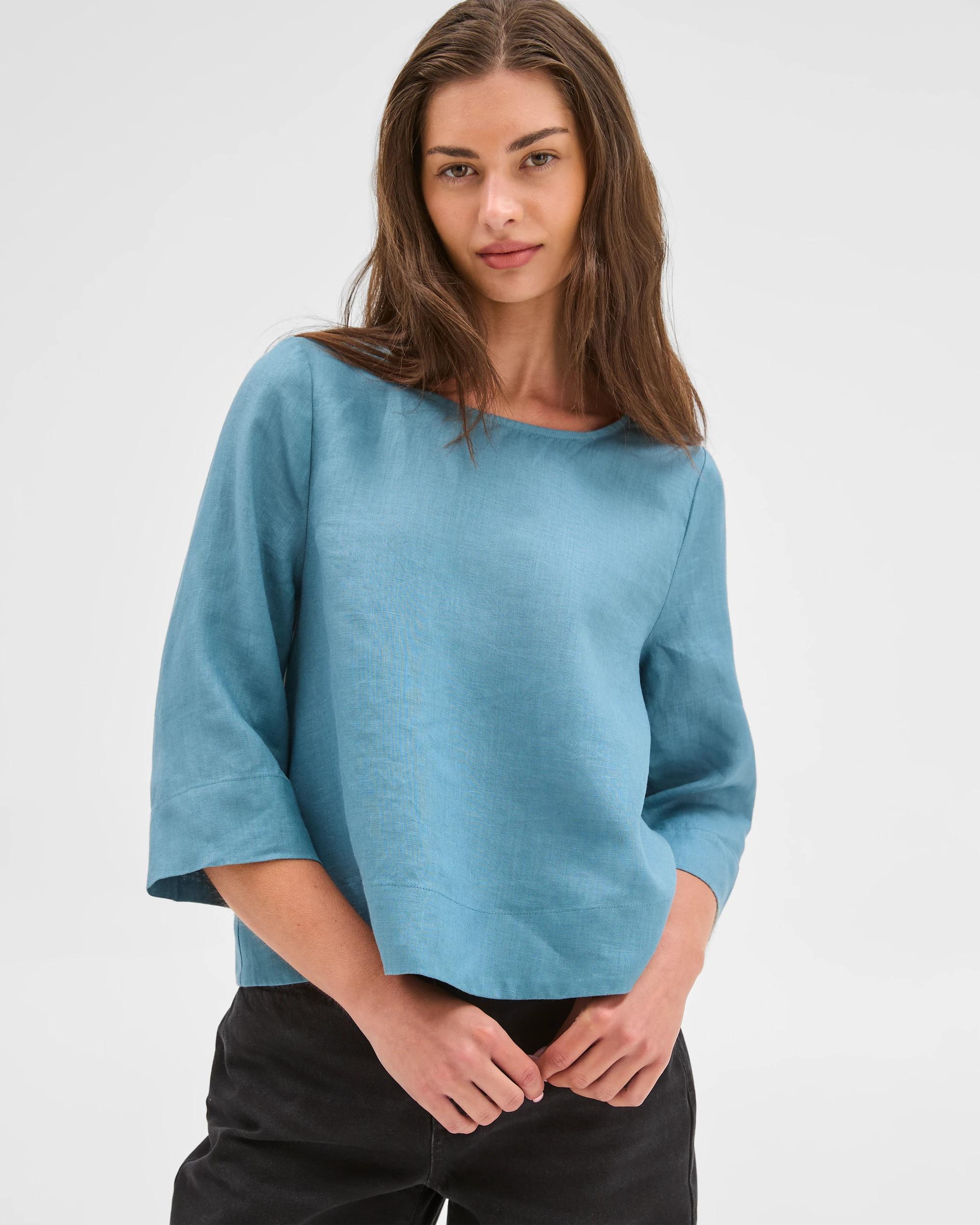 1 Target Petites Petites European Linen 3/4 Sleeve Cross Back Top SEA TEAL, 1 of 5
