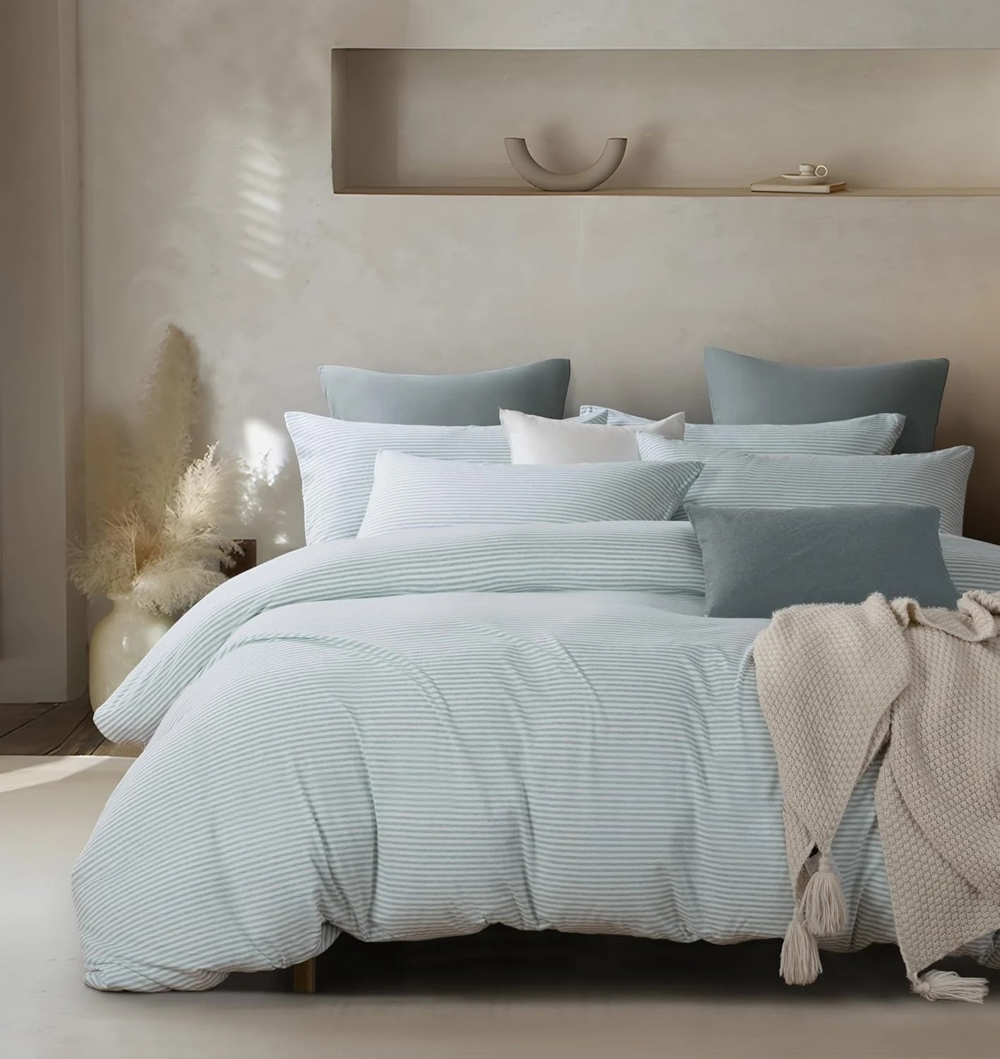 2 Gioia Casa Jersey Cotton European Pillowcase Soft Breathable Stretchy - Sage Stripe, 2 of 3