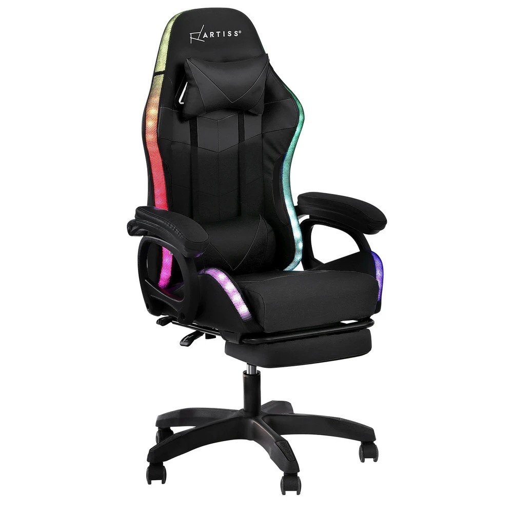 1 Artiss Gaming Office Chair 12 RGB LED Massage Computer Work Seat Footrest - Black, 1 of 7