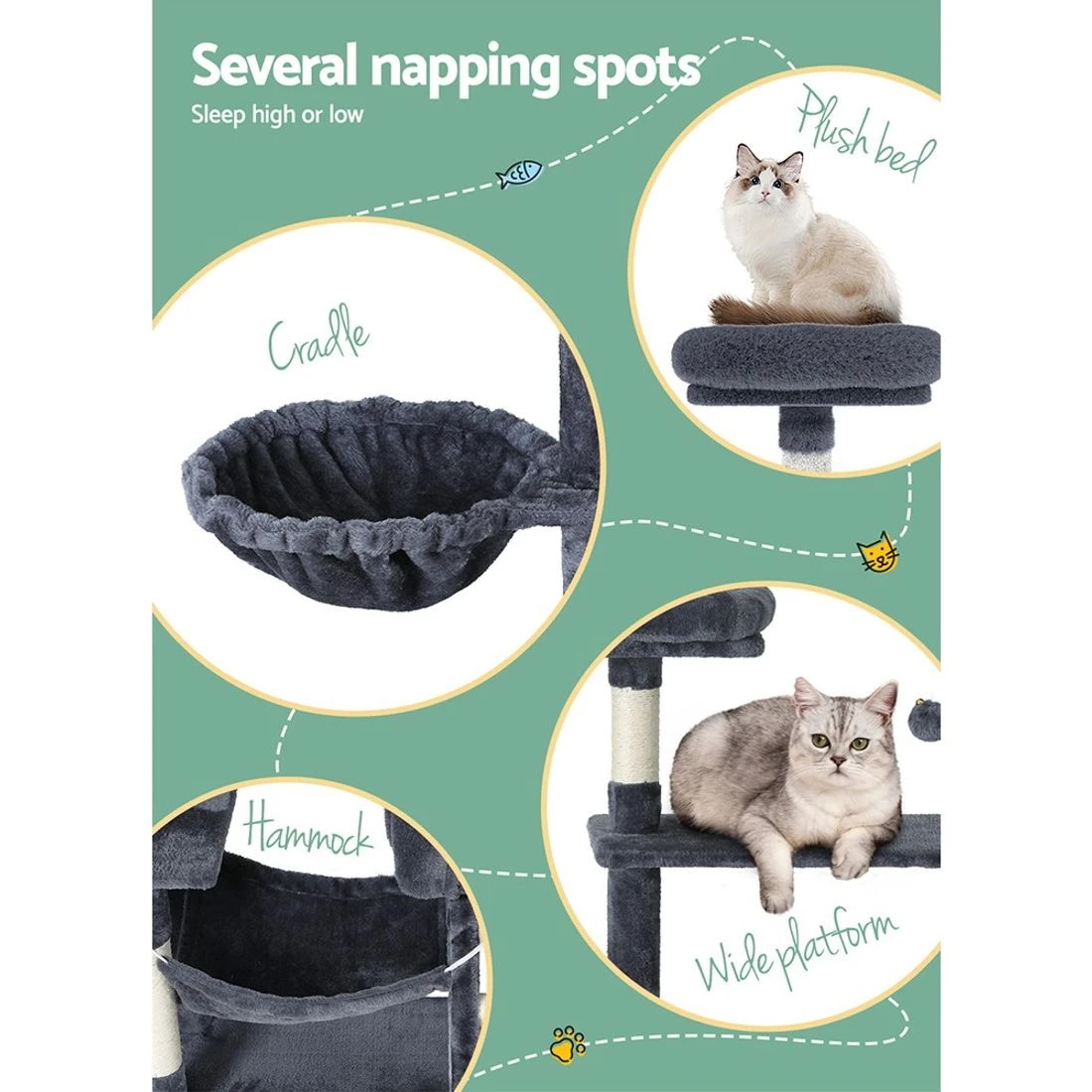 4 i.Pet Cat Tree 144cm Tower Scratching Post Scratcher Wood Condo Toys House Bed - Grey, 4 of 5