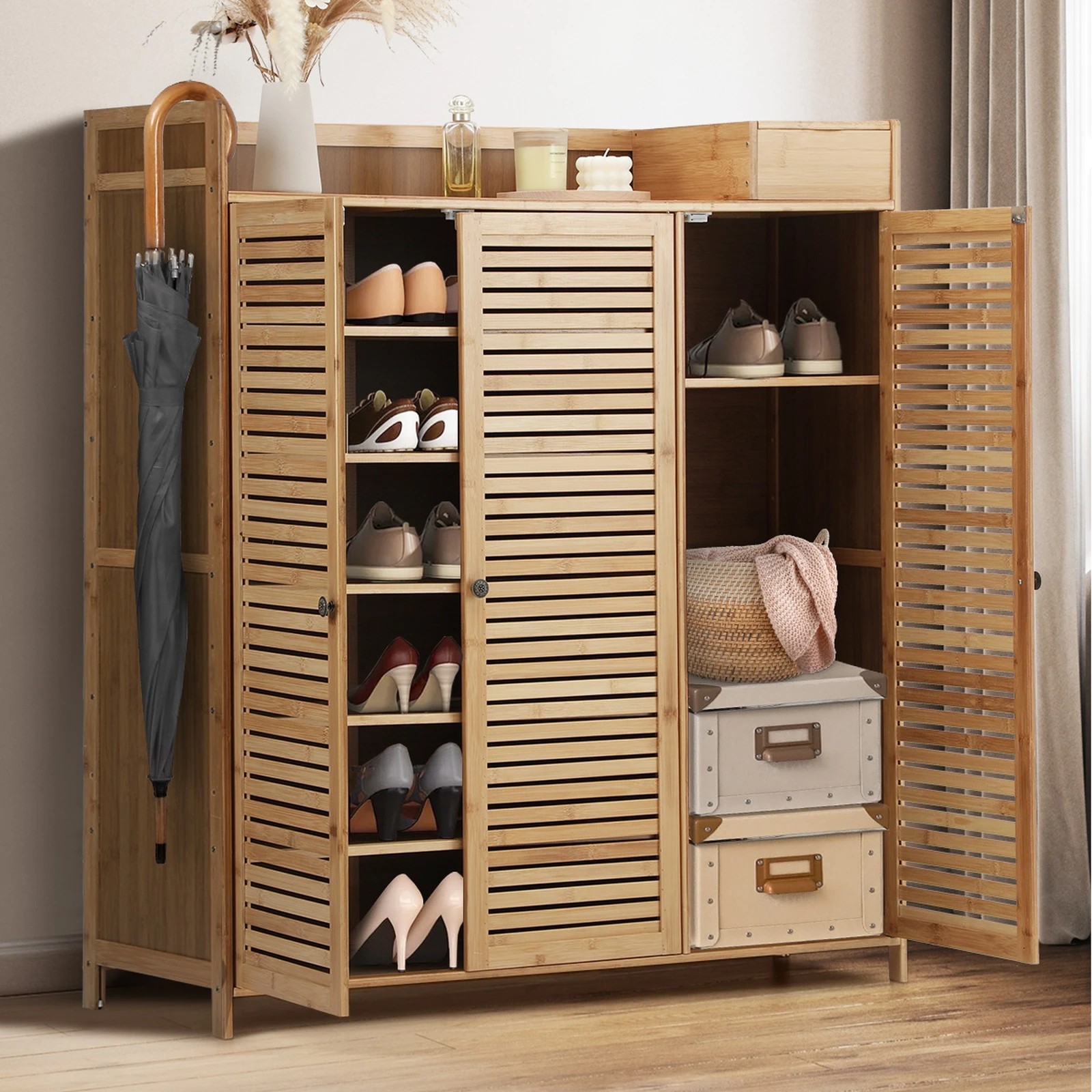 3 Oikiture Shoe Storage Cabinet Shoes Rack Organiser Shelf 3 Doors Adjustable
 - Natural, 3 of 9