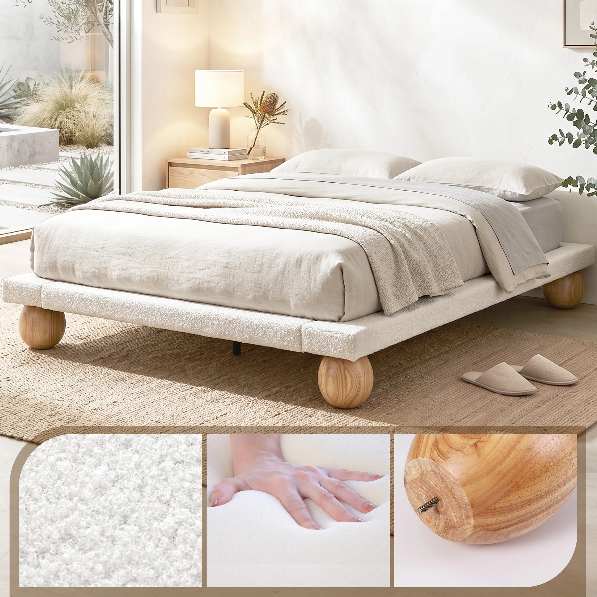 3 Artiss Bed Frame with Boucle Upholstery and Solid Rubber Wood Legs - Queen Bed - Beige, 3 of 10