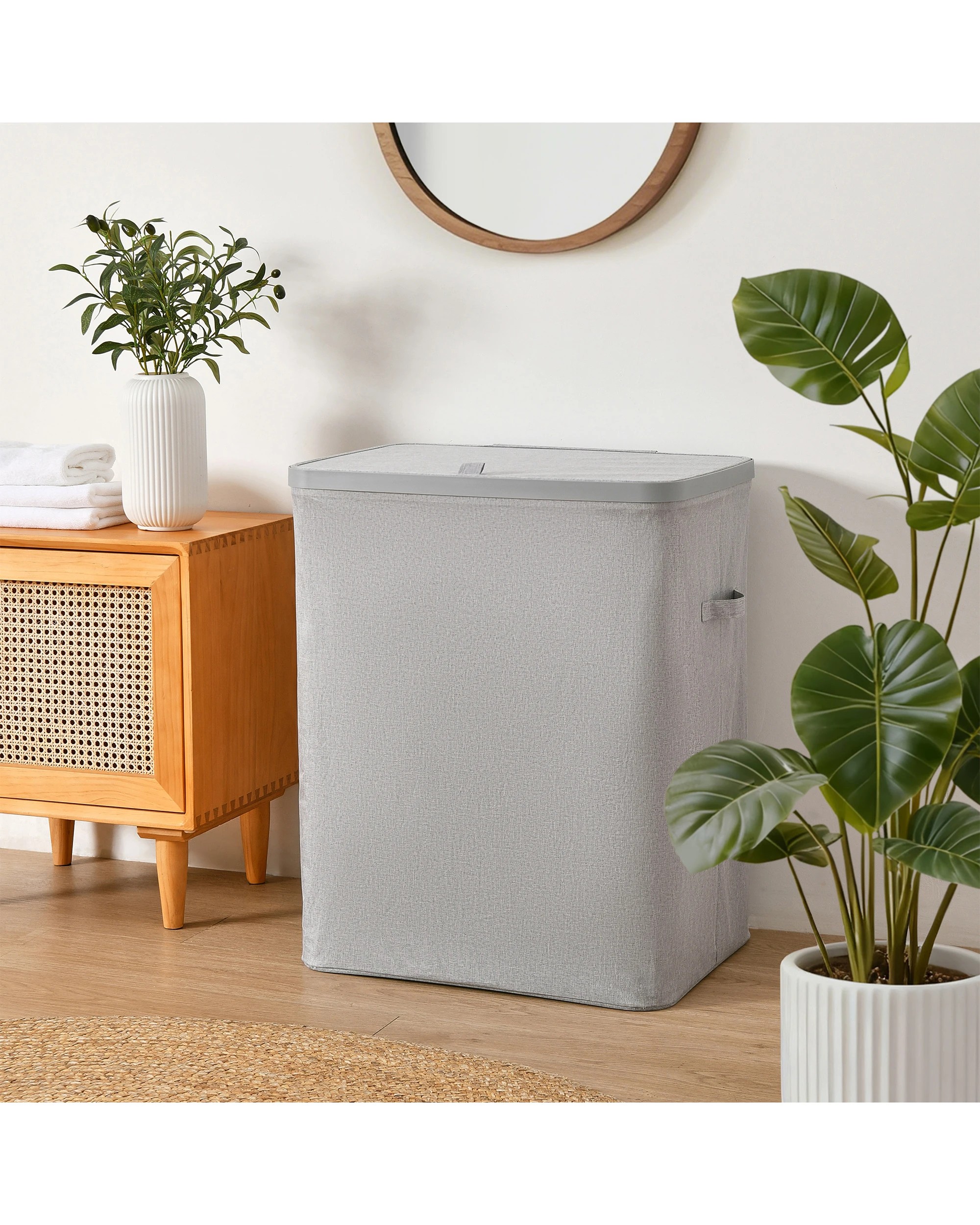 1 Sherwood Voyager 2-Section Laundry Hamper 100L Faux Linen 56x40x67cm - Grey, 1 of 8