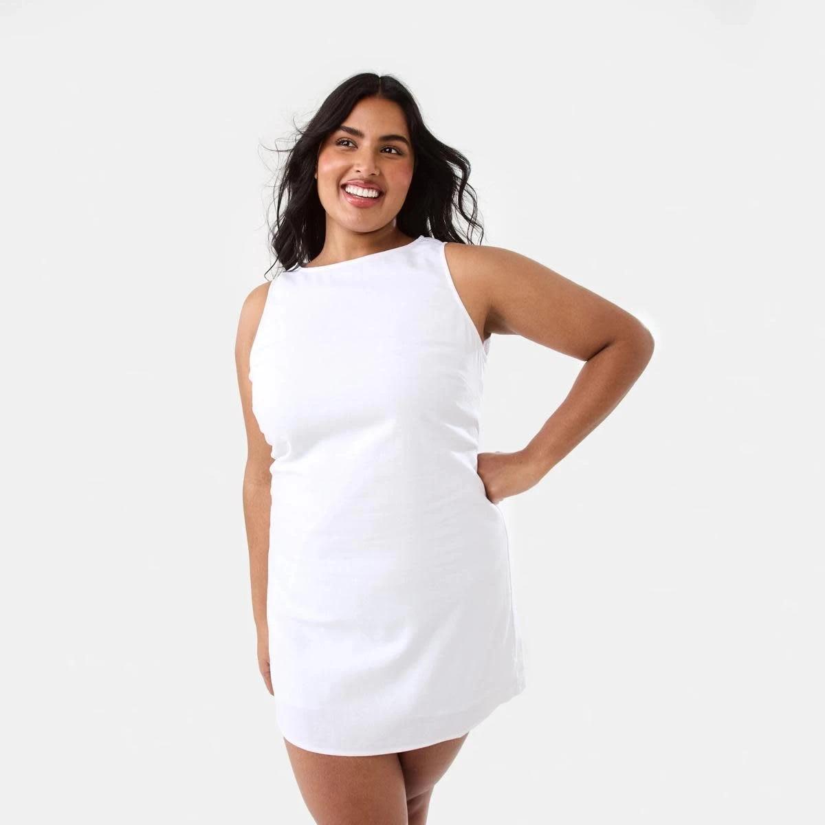 3 Sleeveless Boat Neck Linen Blend Mini Dress WHITE, 3 of 9